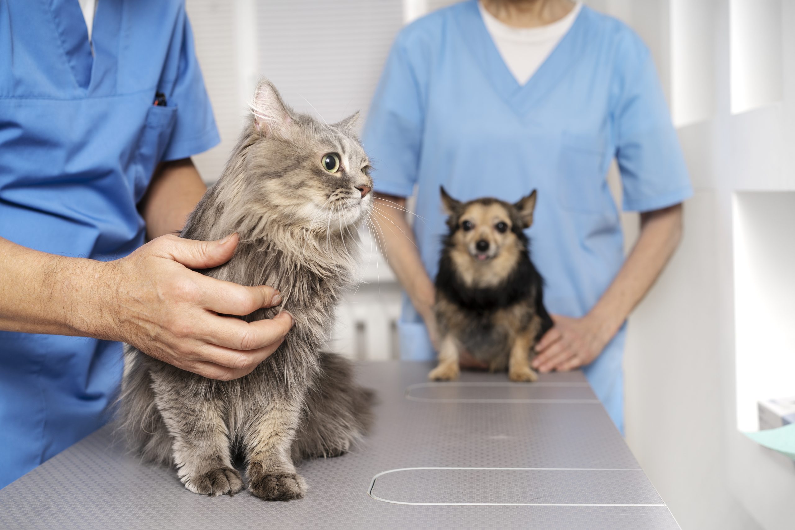 Consultation vétérinaire avec un chat examiné sur une table et un petit chien en attente, dans une clinique vétérinaire