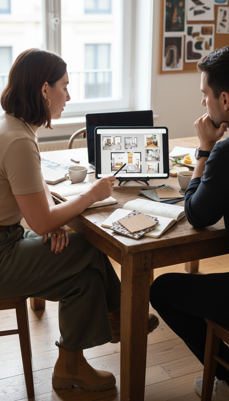 Architecte d’intérieur présentant un projet sur tablette à un client lors d’un rendez-vous