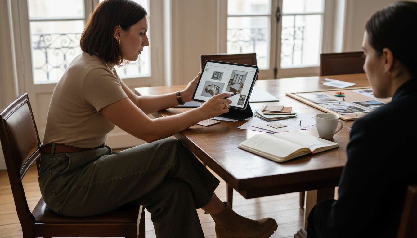Architecte d’intérieur conseillant une cliente avec visuels de projet sur tablette