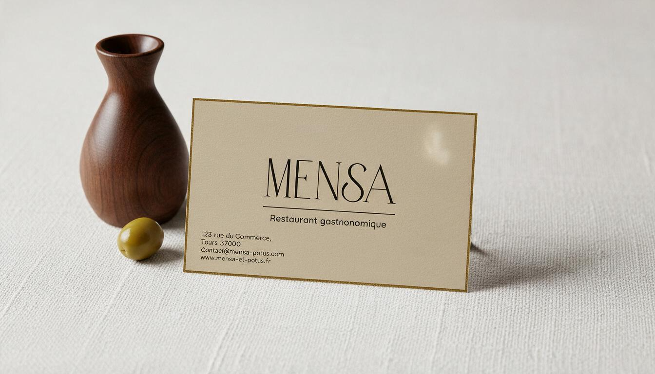 Carte de visite beige et dorée du restaurant Mensa avec adresse à Tours, e-mail et site web