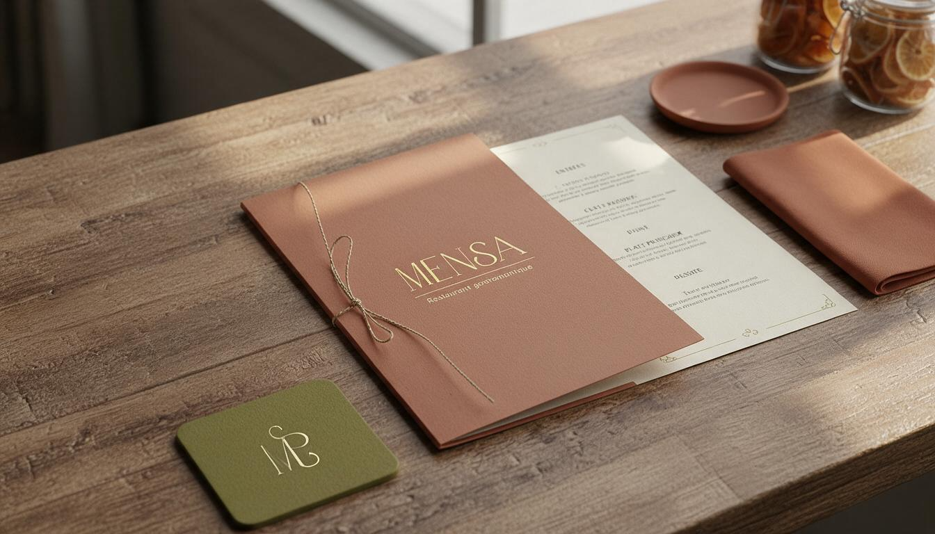 Menu du restaurant Mensa relié en carton terracotta doré, posé sur une table en bois avec set de table et bougeoir