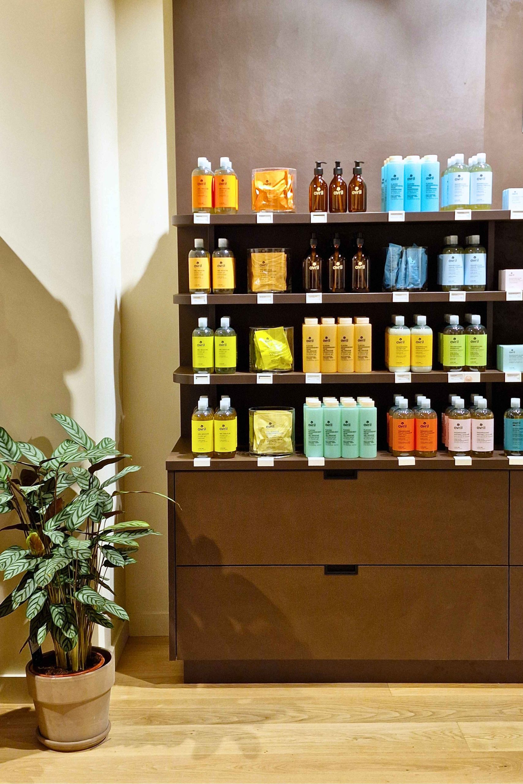 Mobilier boutique Avril avec linéaire produits et végétal d’ambiance
