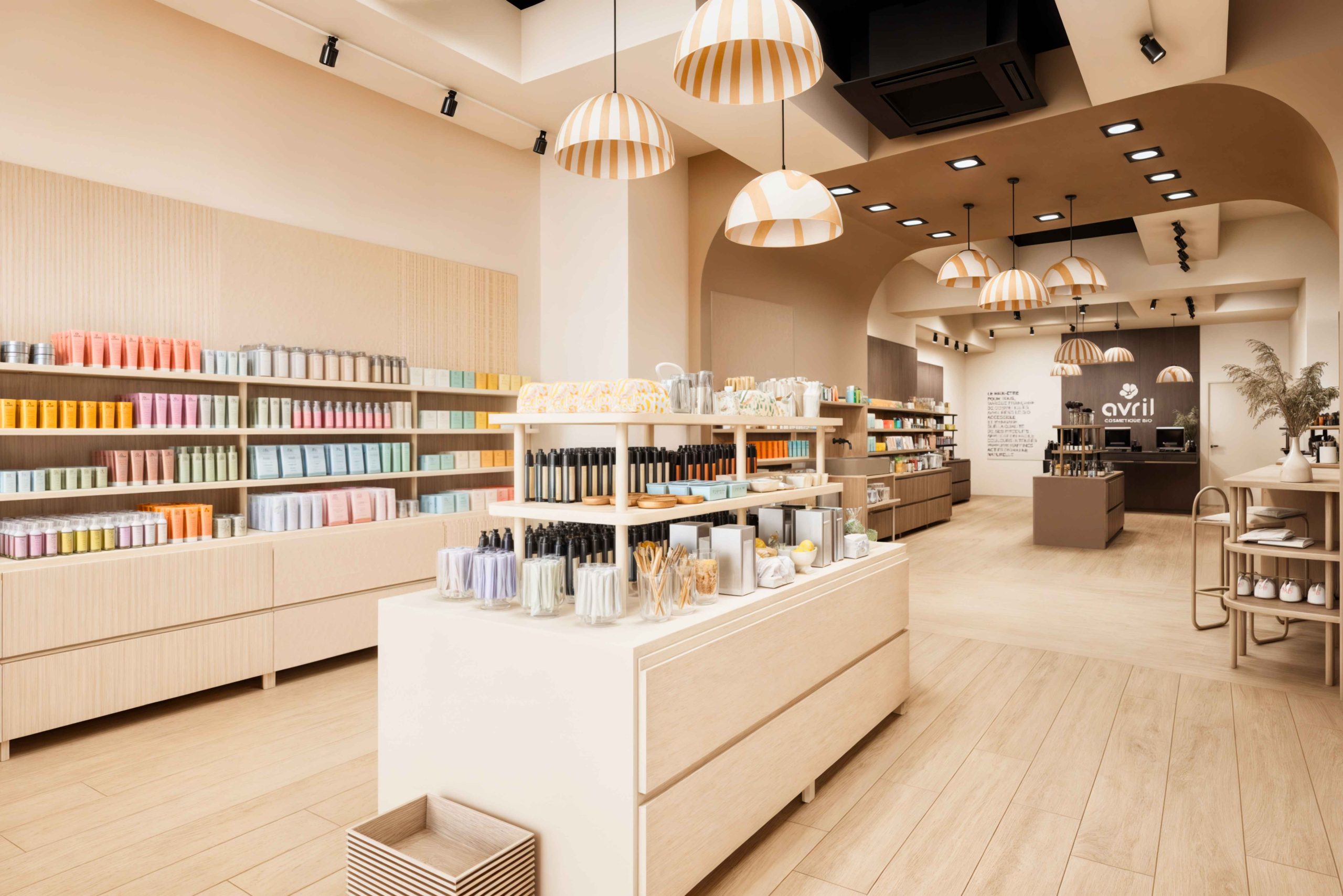 Boutique Avril à Tours - visuel 3D – présentoir central de soins cosmétiques bio conçu par architecte d’intérieur