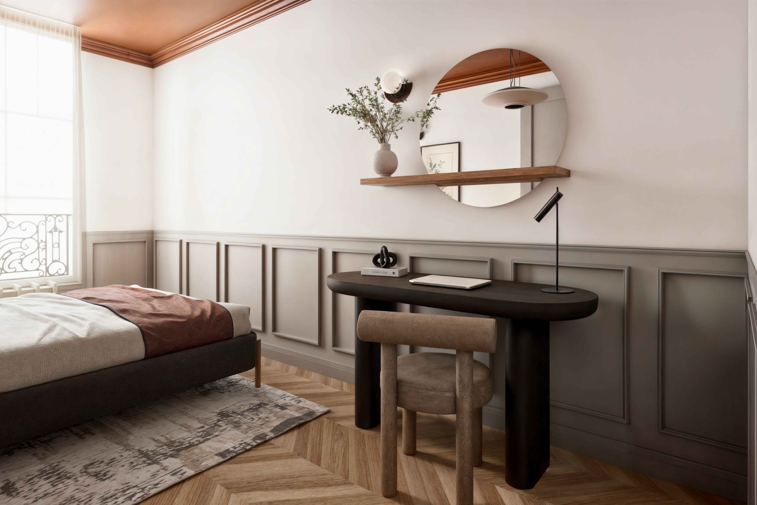 Chambre parentale avec coin bureau intégré dans un appartement haussmannien rénové à Paris