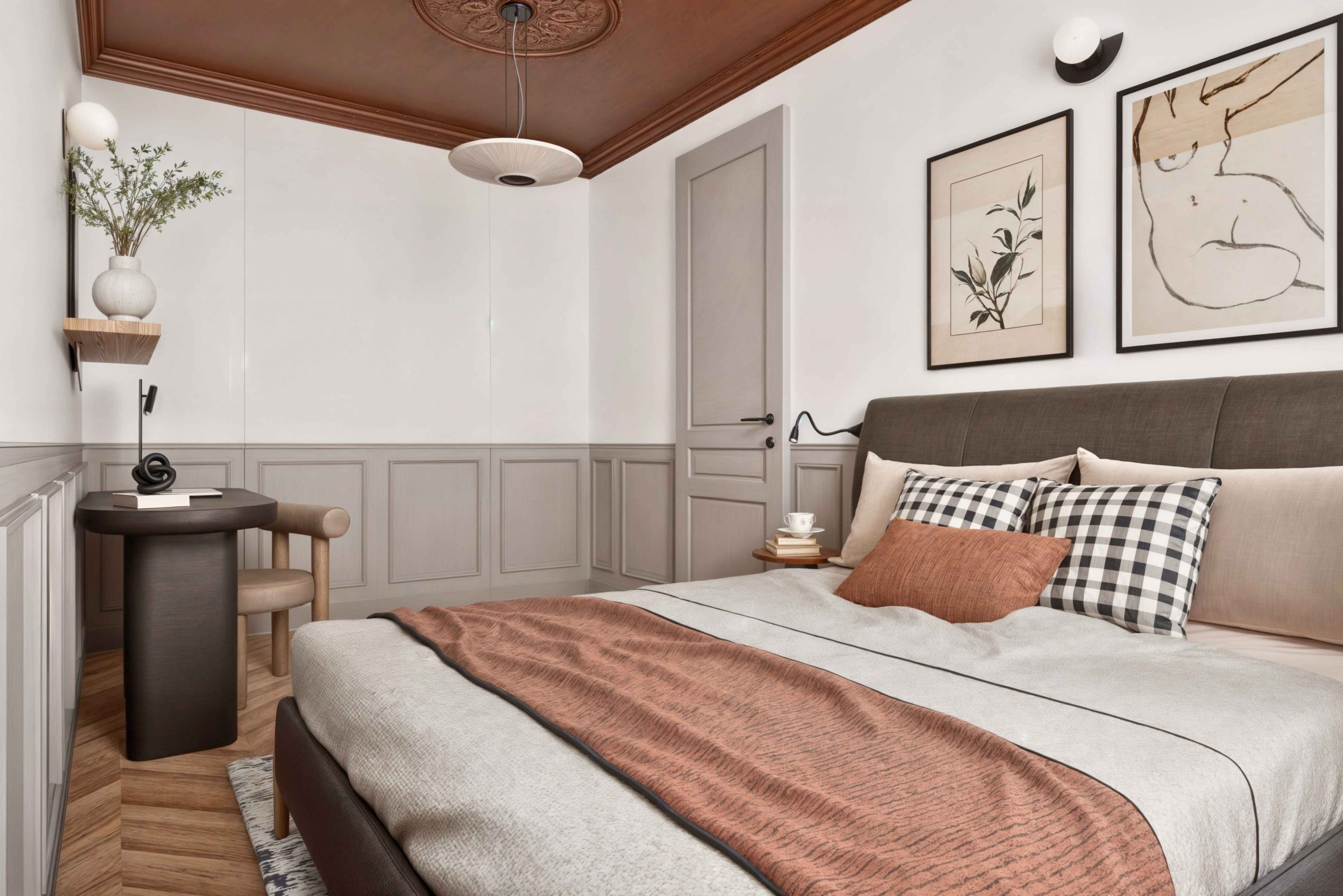 Chambre parentale avec moulures colorées dans un appartement familial rénové à Paris