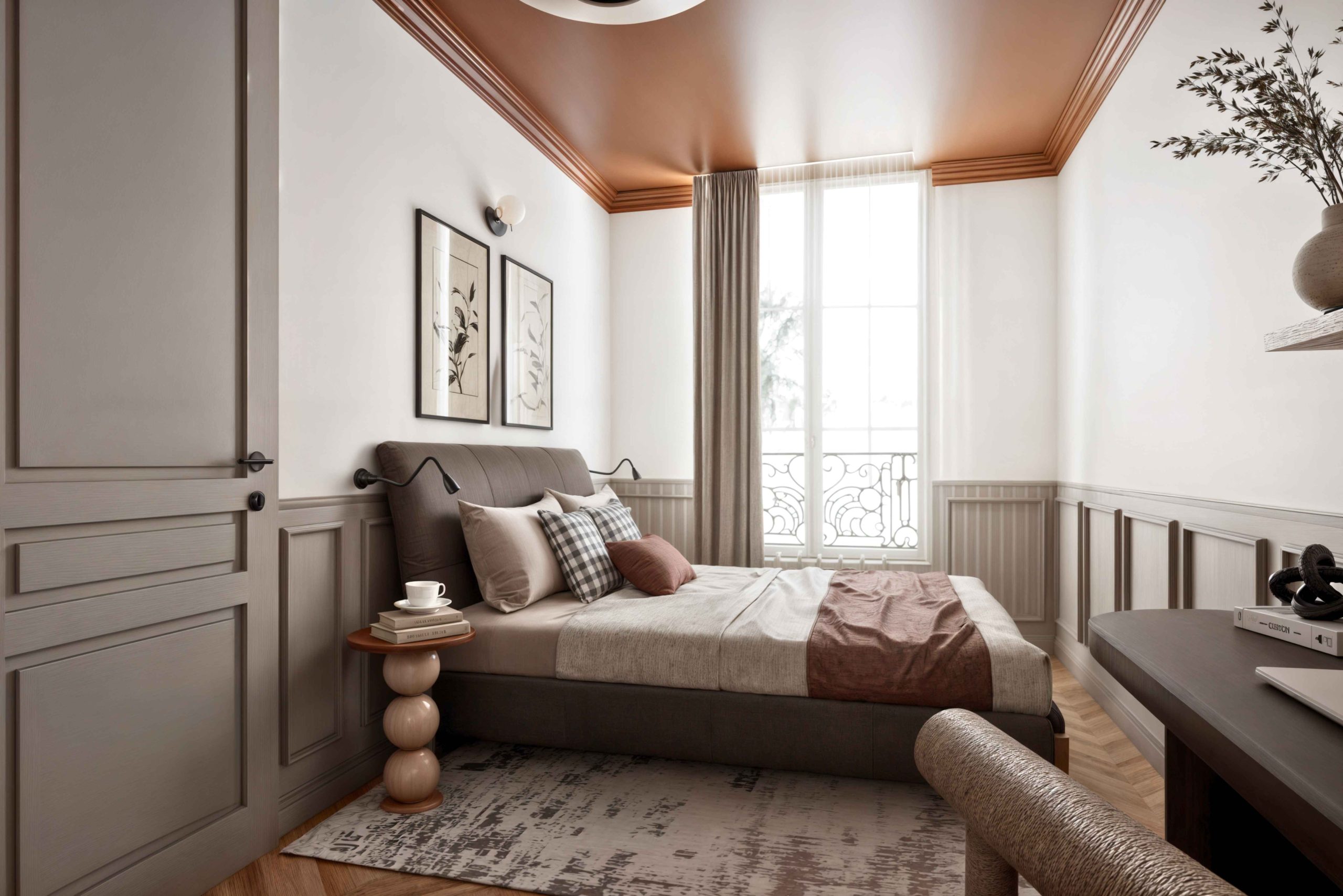 Chambre parentale élégante d’un appartement haussmannien rénové à Paris
