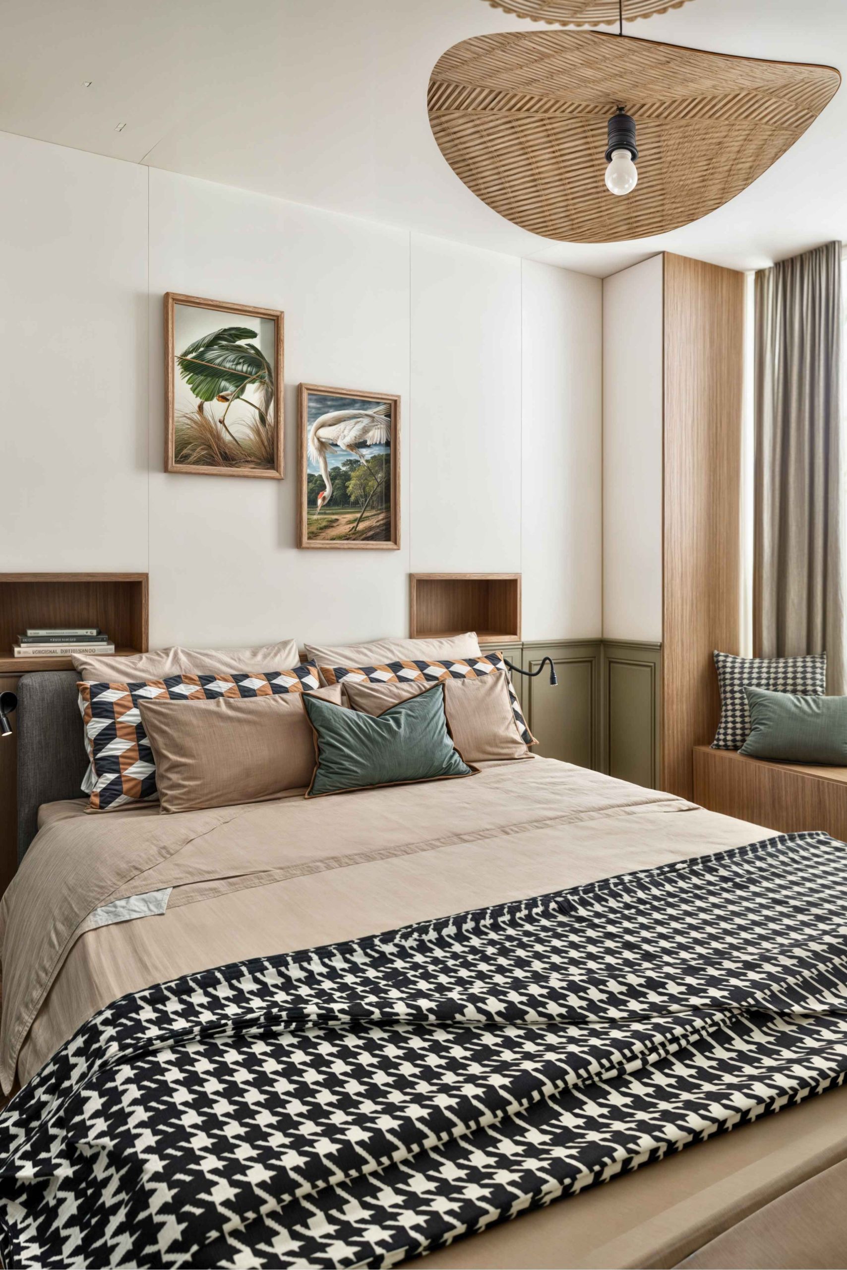 Tête de lit sur mesure avec niches bois dans une chambre parentale rénovée à Paris
