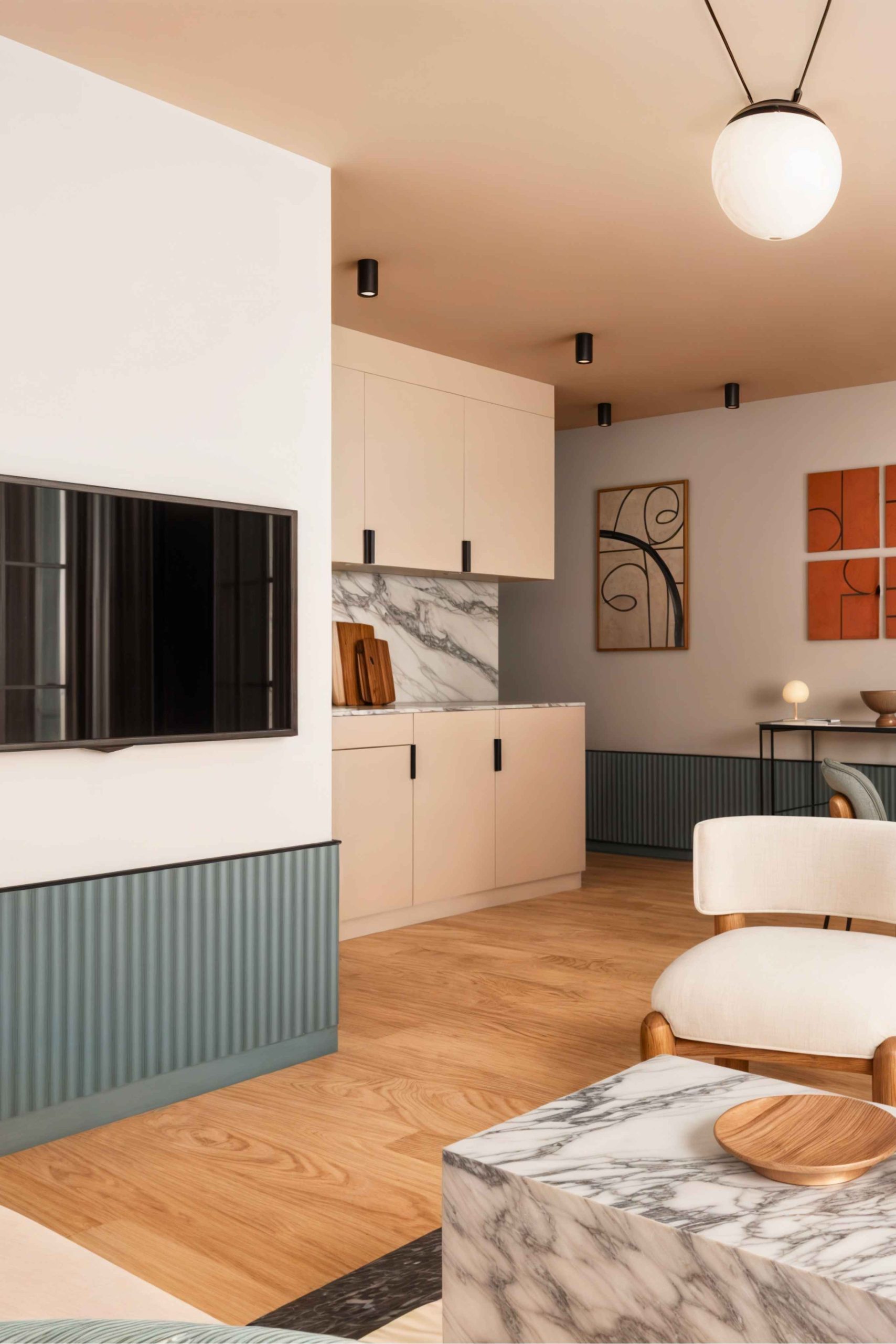 cuisine séjour matériaux minéraux et bois appartement rénové