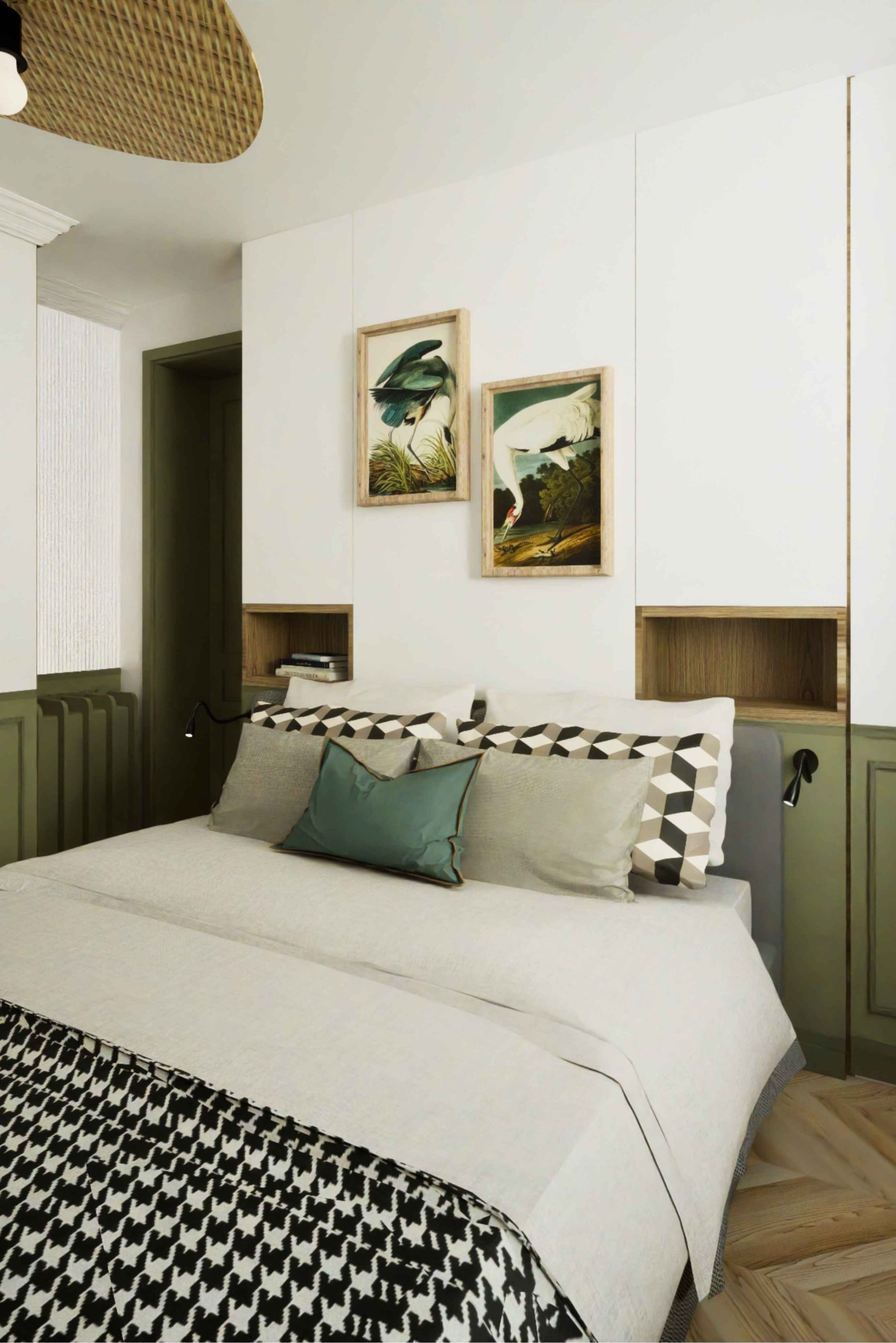 Détail décoration murale au-dessus du lit dans une chambre d’appartement parisien rénové