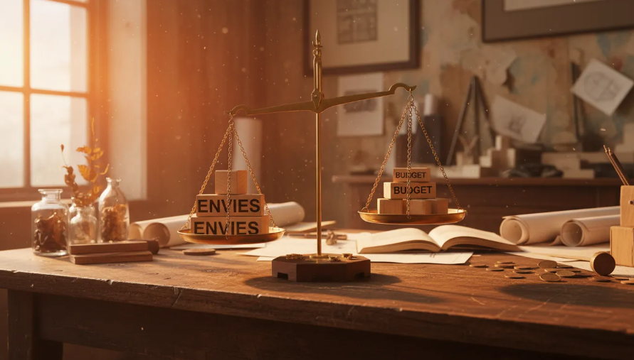 Balance posée sur une table, illustrant l’équilibre entre envies et budget dans un projet d’architecture intérieure.