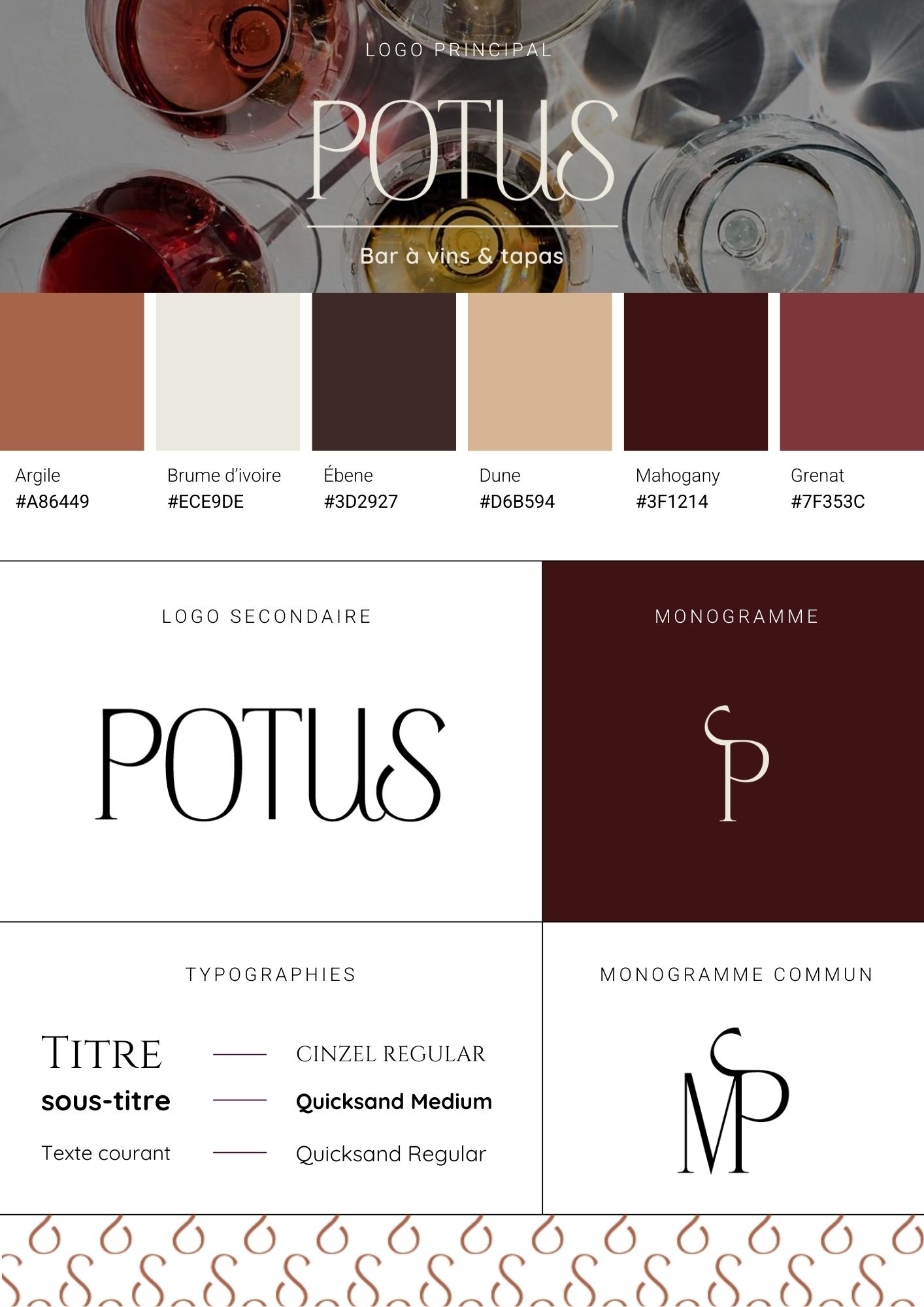 Charte graphique du bar à vins POTUS avec logo, palette de couleurs et monogramme
