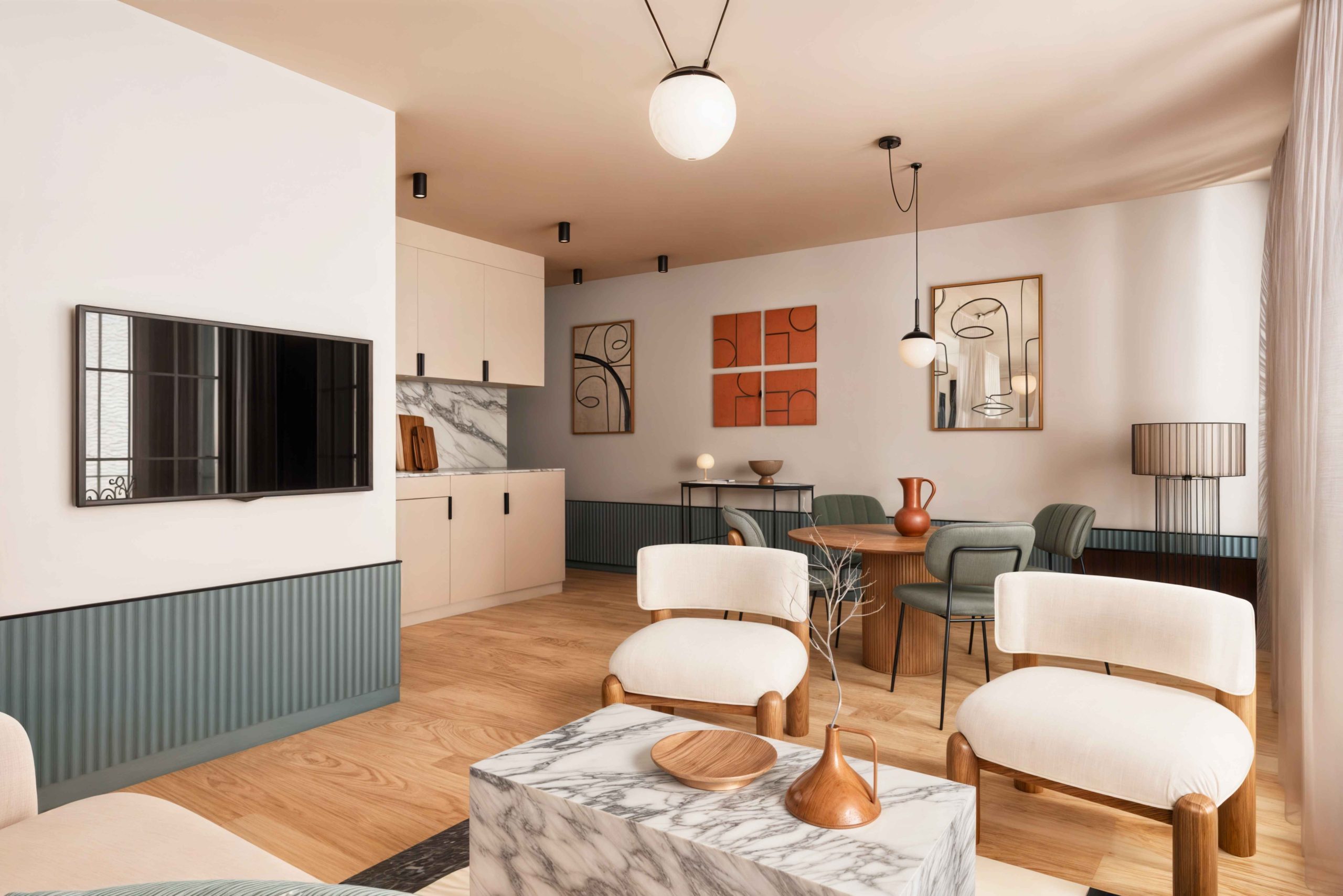 pièce de vie avec cuisine ouverte design global
