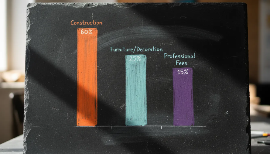 Graphique en barres indiquant une répartition de budget : construction 60 %, mobilier/décoration 25 %, honoraires 15 %.