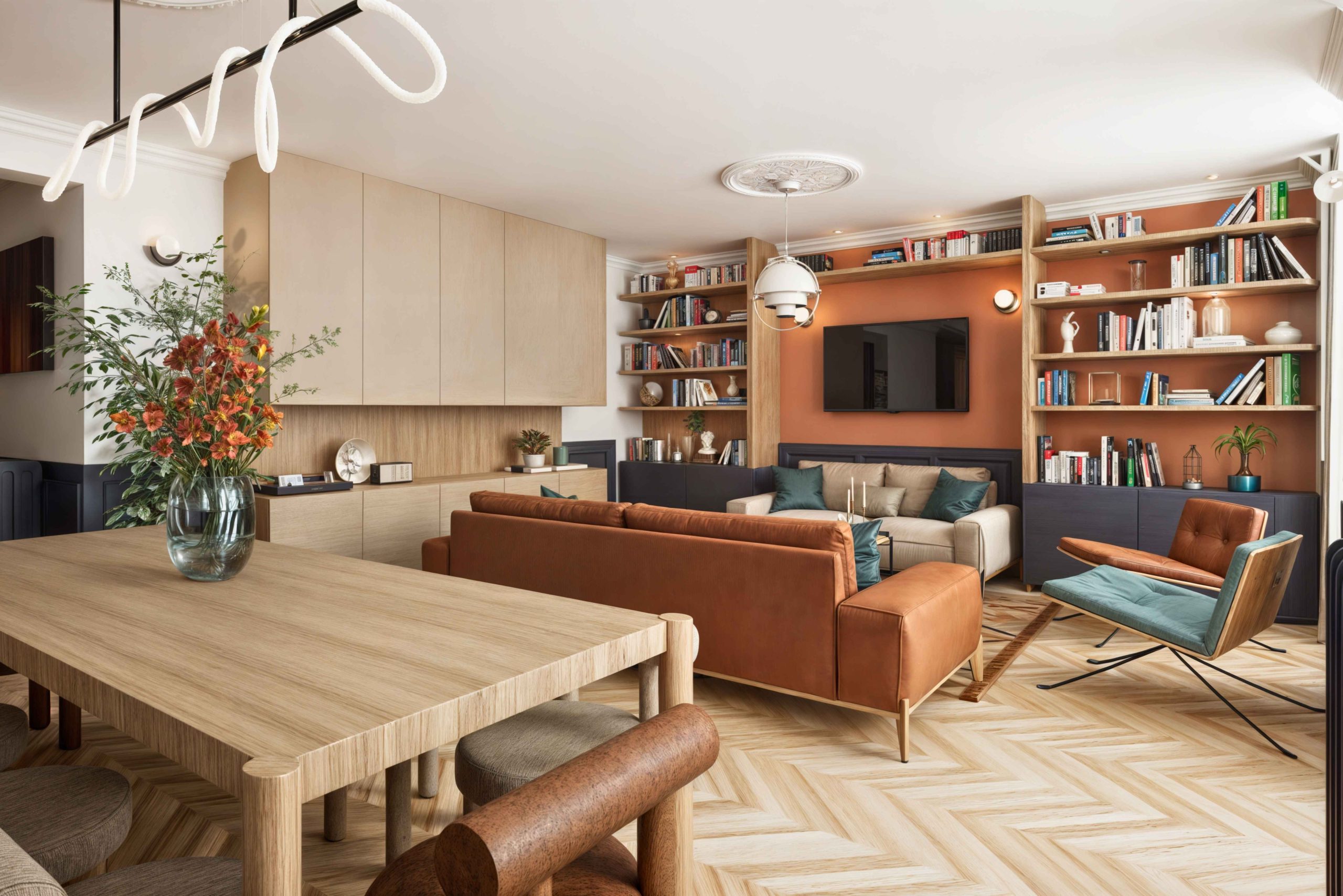 Salon familial rénové dans un appartement haussmannien à Paris