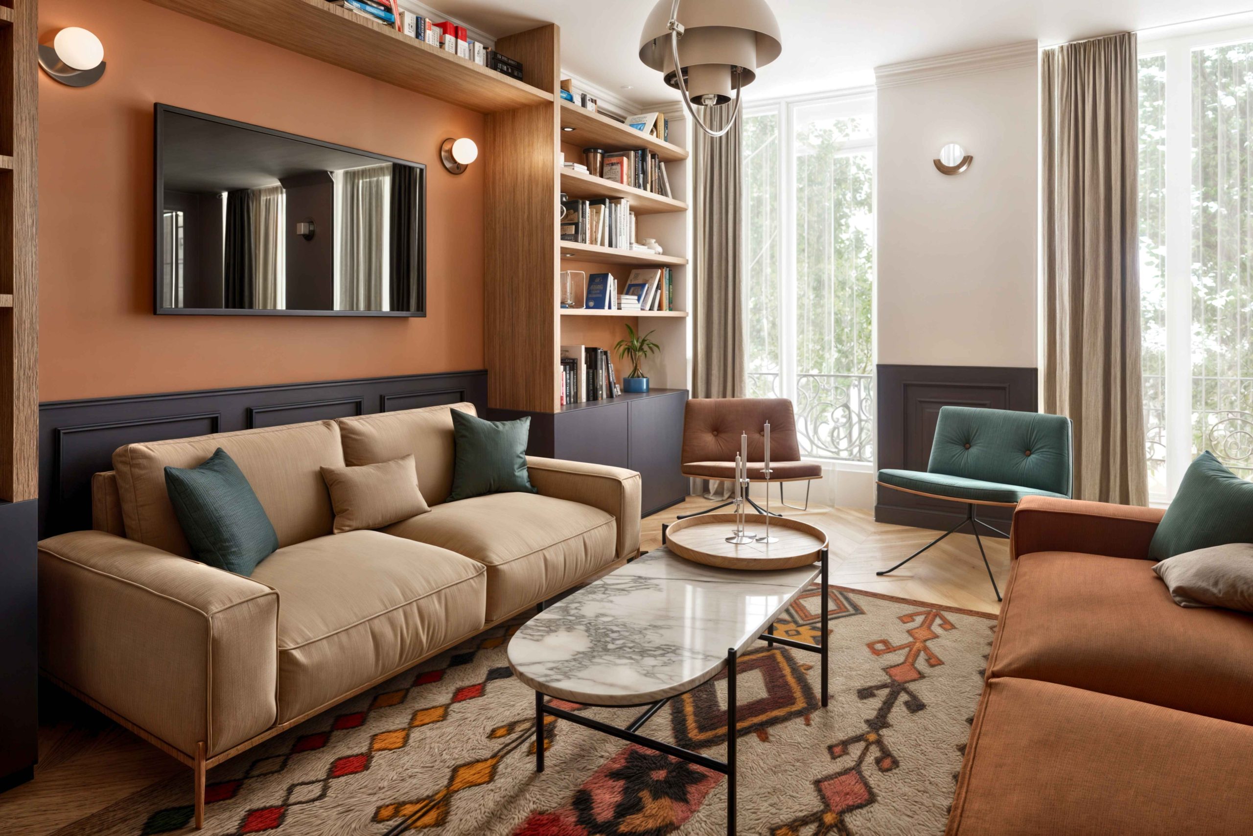 Salon convivial avec canapés face à face dans appartement parisien rénové
