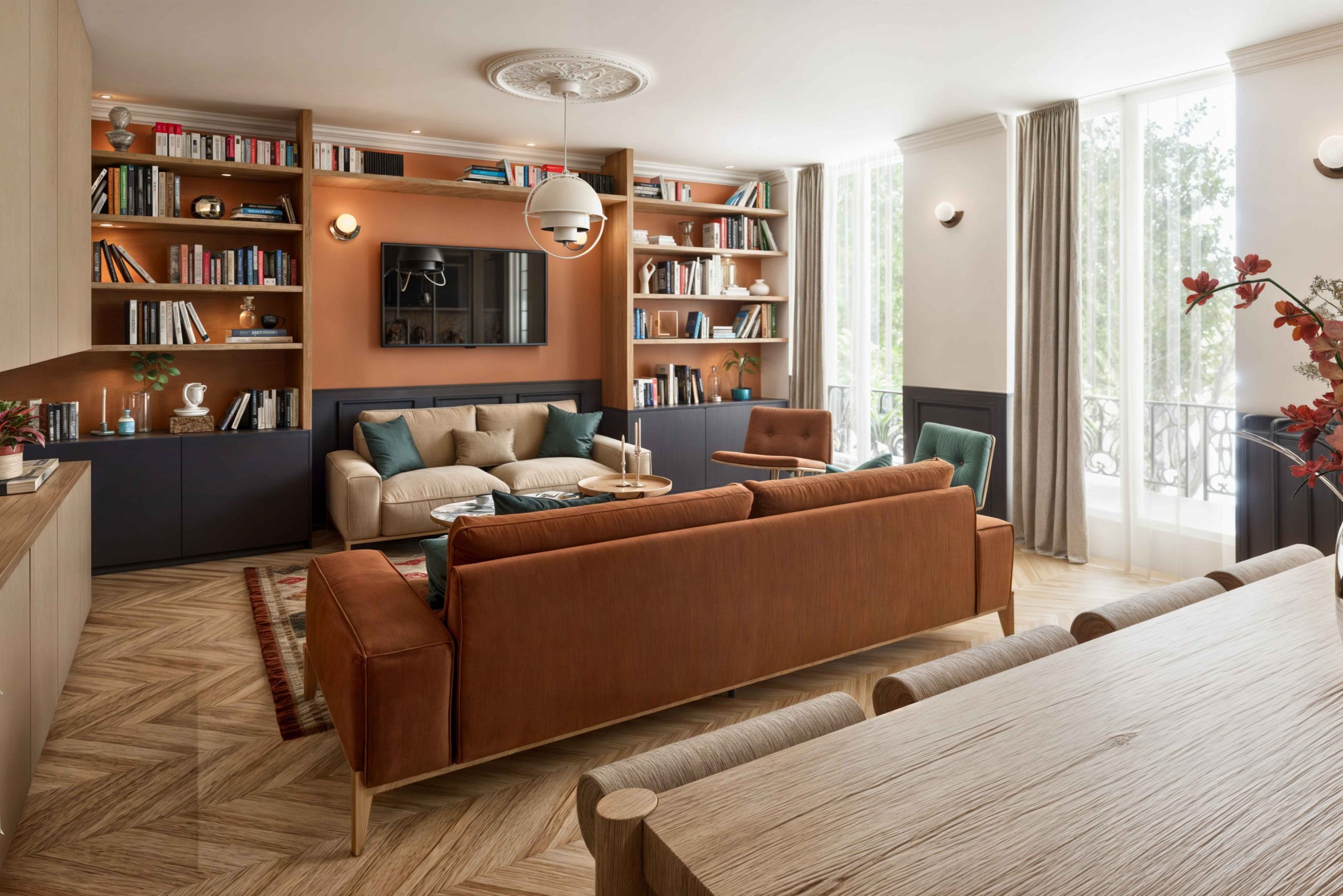 Meuble intégré et canapé dans un salon d’appartement parisien rénové
