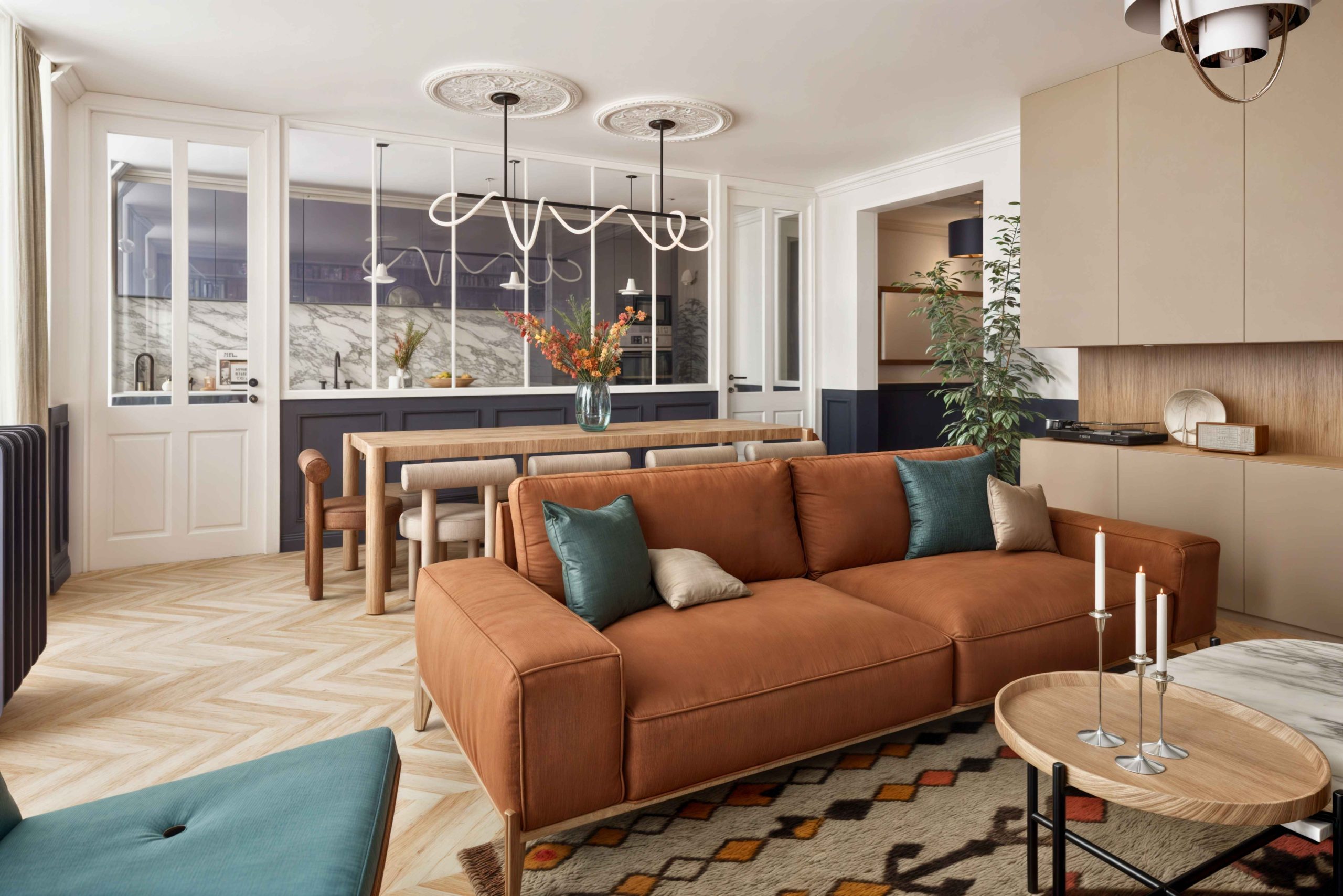 Verrière séparant cuisine et séjour dans un appartement rénové à Paris