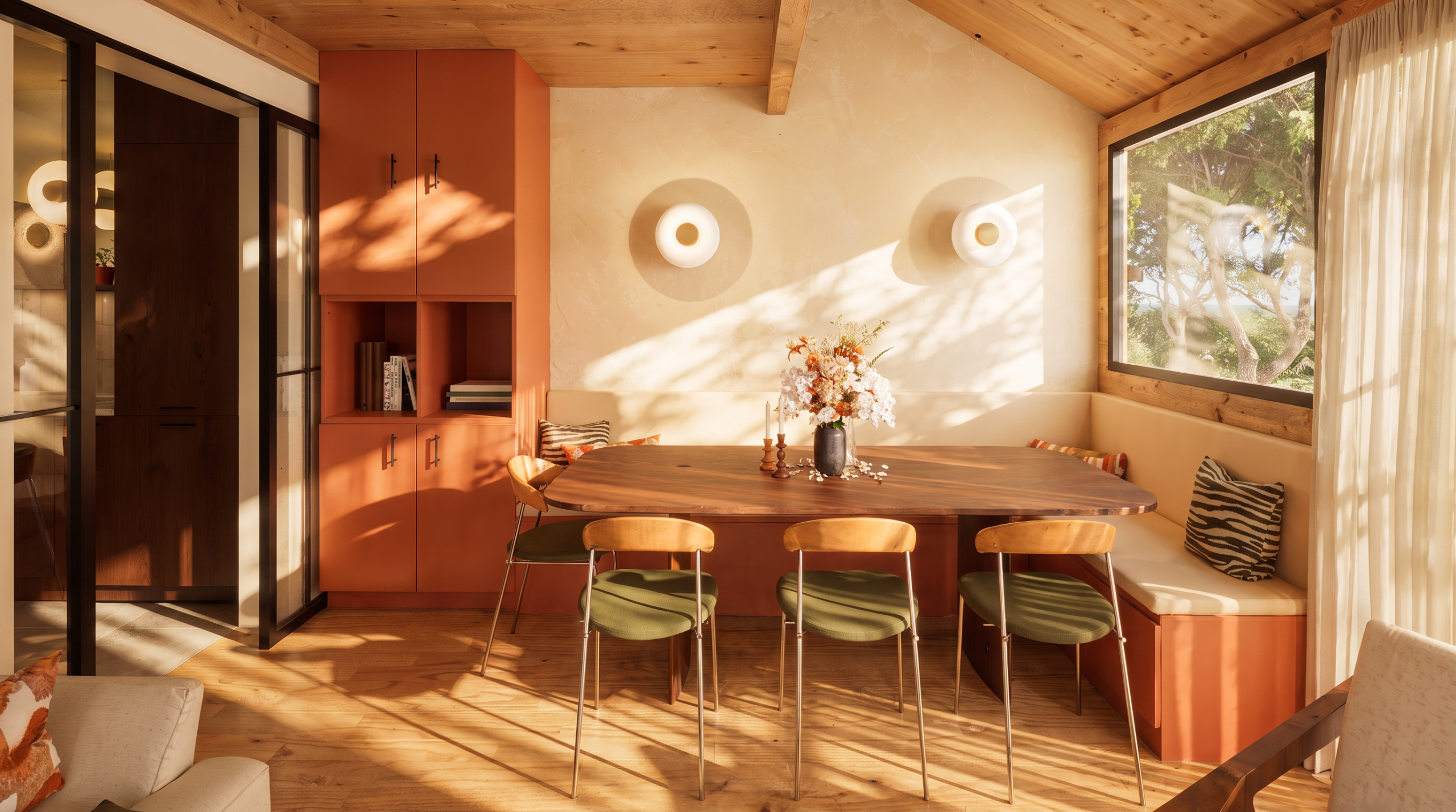 Coin repas avec banquette beige, table en bois massif et chaises vertes sous appliques rondes, rénovation Touraine