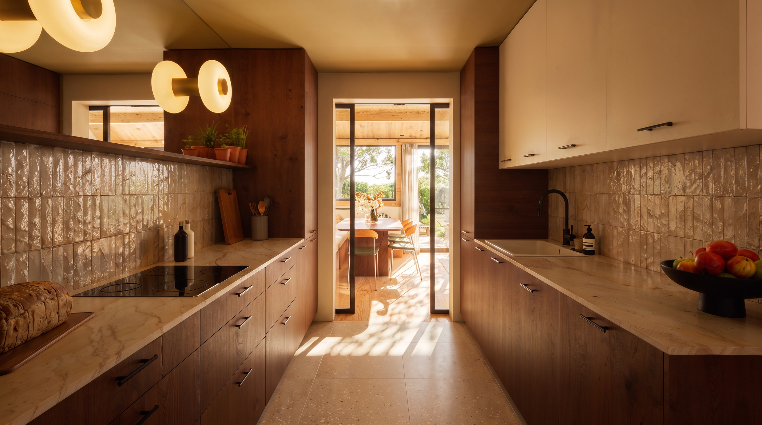 Cuisine en bois foncé tout en longueur avec suspensions rondes et crédence en zellige, rénovation Projet Edgar