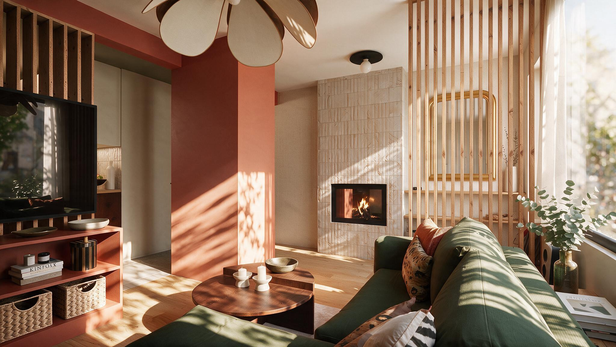 Salon avec cheminée habillée de zellige, canapé vert et claustra bois, rénovation maison Touraine