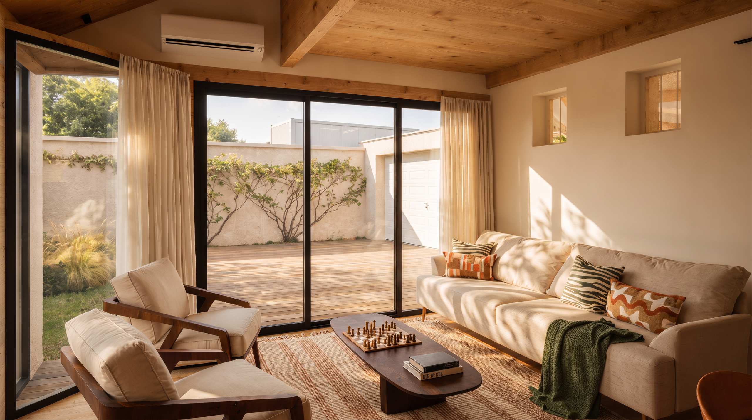 Salon avec baies vitrées ouvertes sur une terrasse en bois et un jardin, rénovation maison à Tours