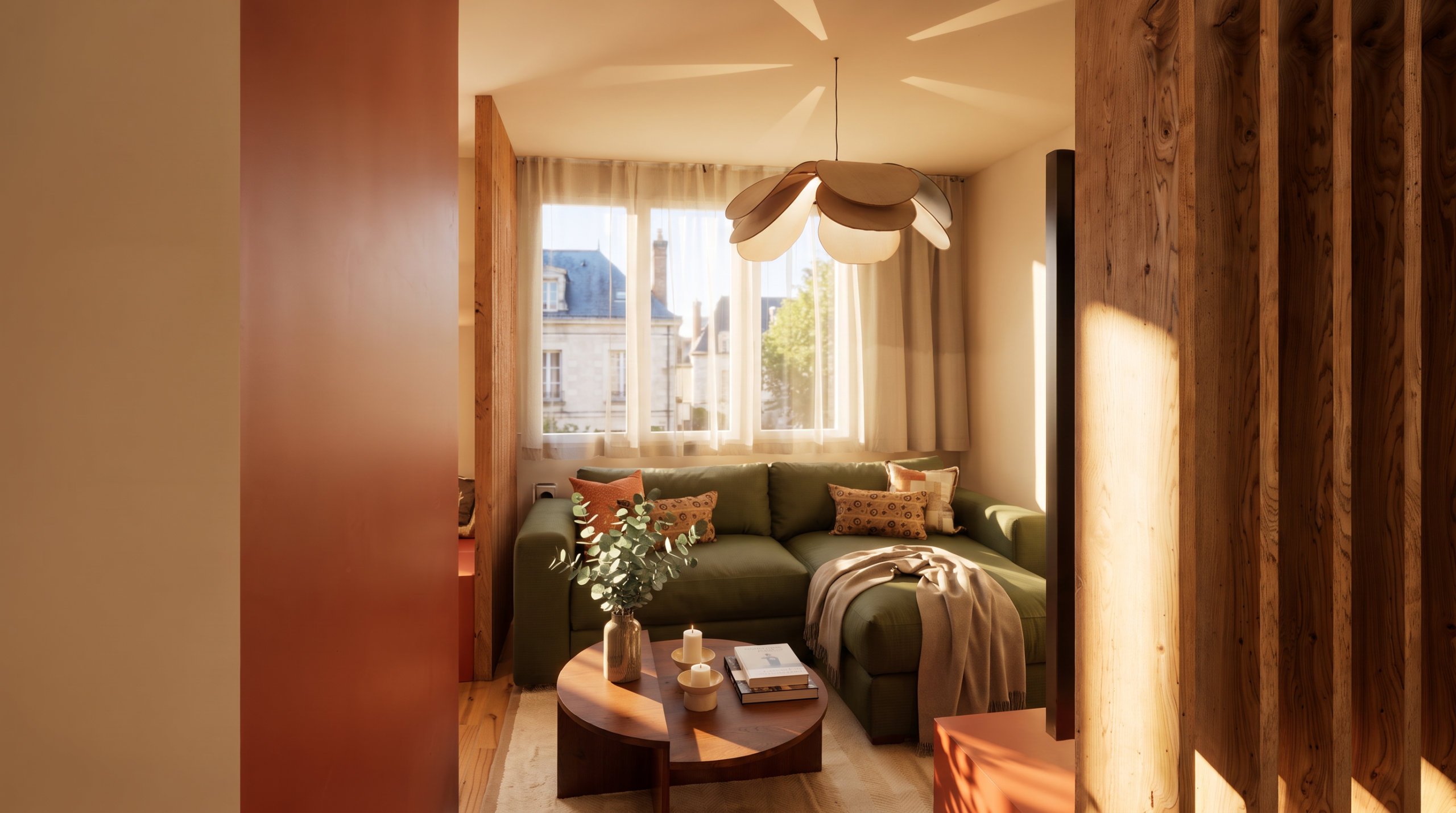 Canapé d'angle vert et suspension florale devant une fenêtre avec vue sur les toits de Tours, rénovation Projet Edgar