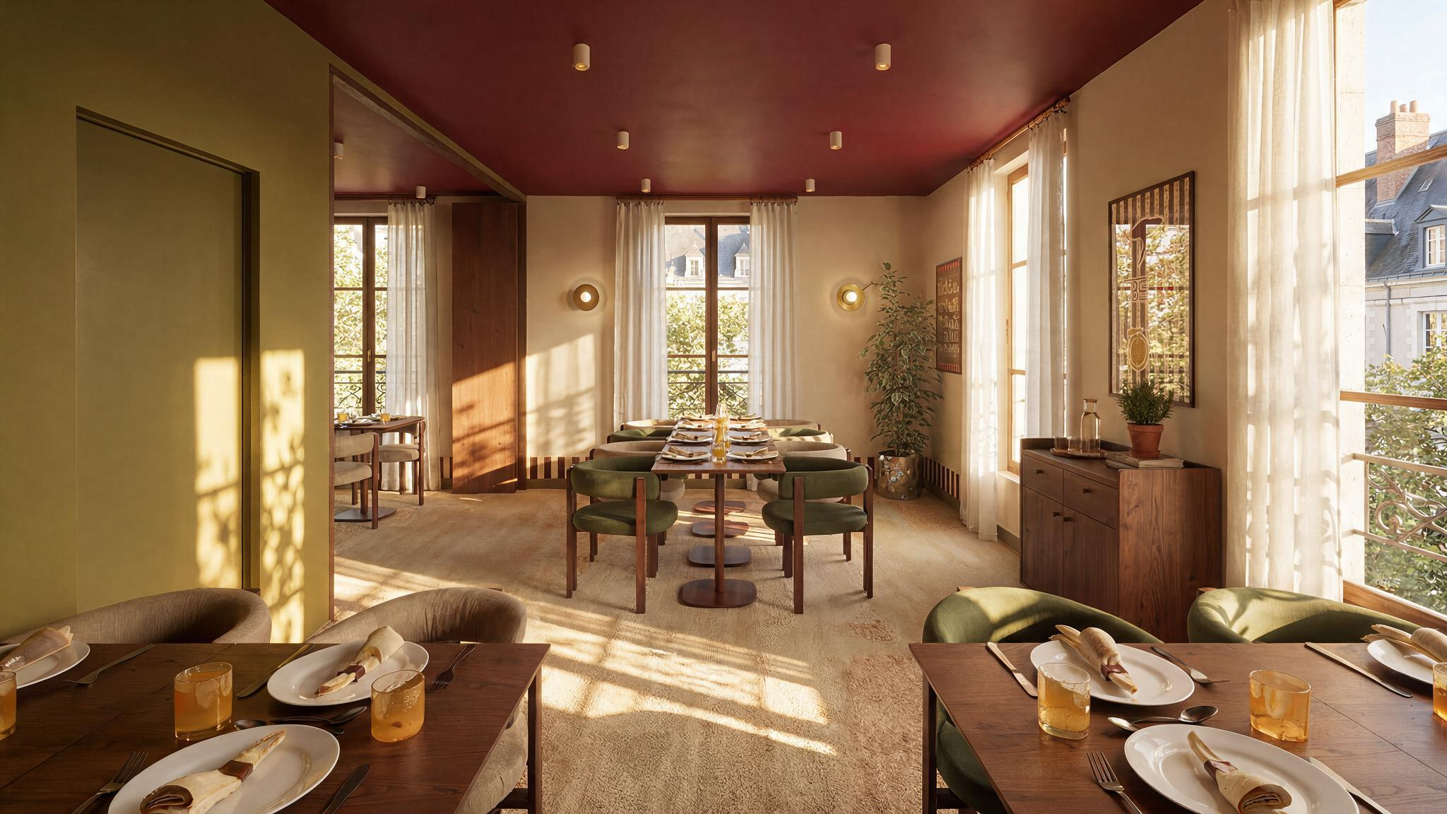 Salle à l'étage du restaurant Table à Blois baignée de lumière, tables dressées, chaises vertes et beiges, vue sur les toits par de grandes fenêtres