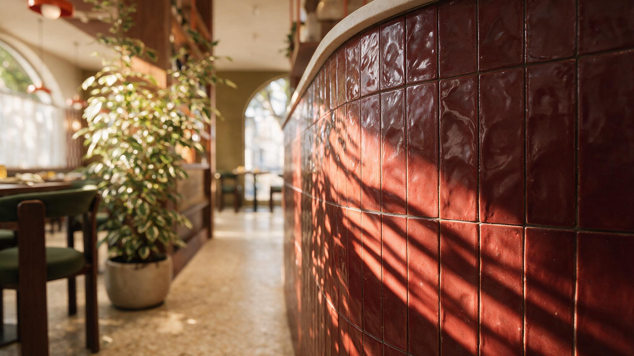 Allée bordée par le comptoir incurvé en zellige rouge et un ficus, sol en terrazzo du restaurant Table à Blois