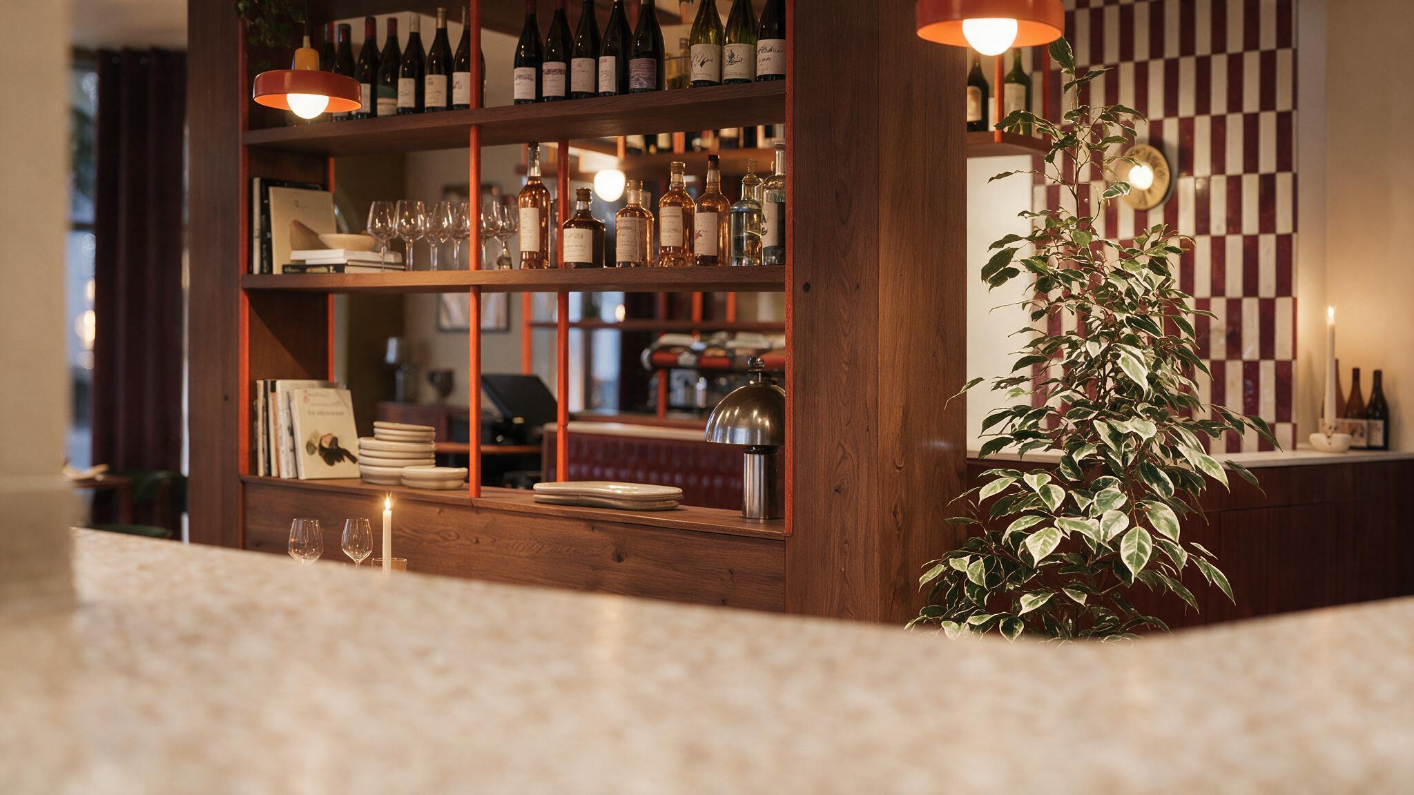 Vue depuis le comptoir en marbre vers l'étagère à vin du restaurant Table, bougie allumée et ficus, mur en damier