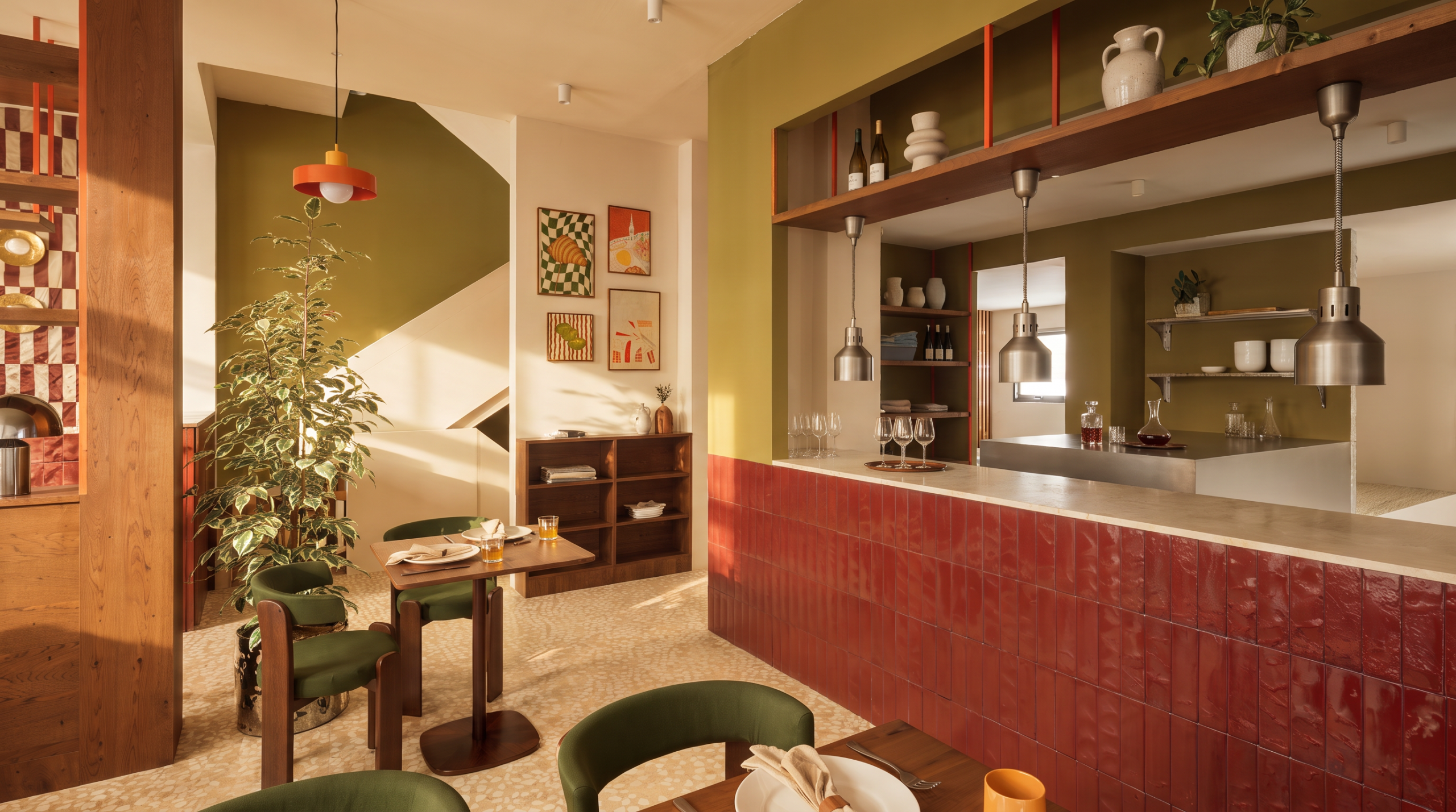 Comptoir en zellige rouge et niche murale vert olive avec étagères de vaisselle et verres à vin au restaurant Table