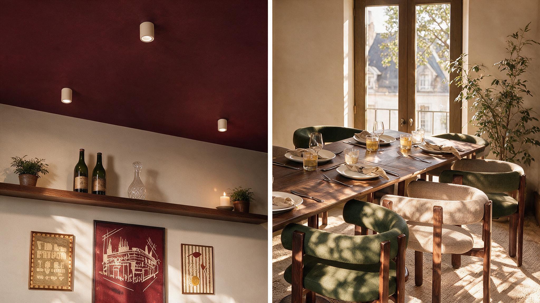 Diptyque montrant un détail de plafond bordeaux avec spots et étagère à vin, et une table dressée avec vue sur les toits de Blois