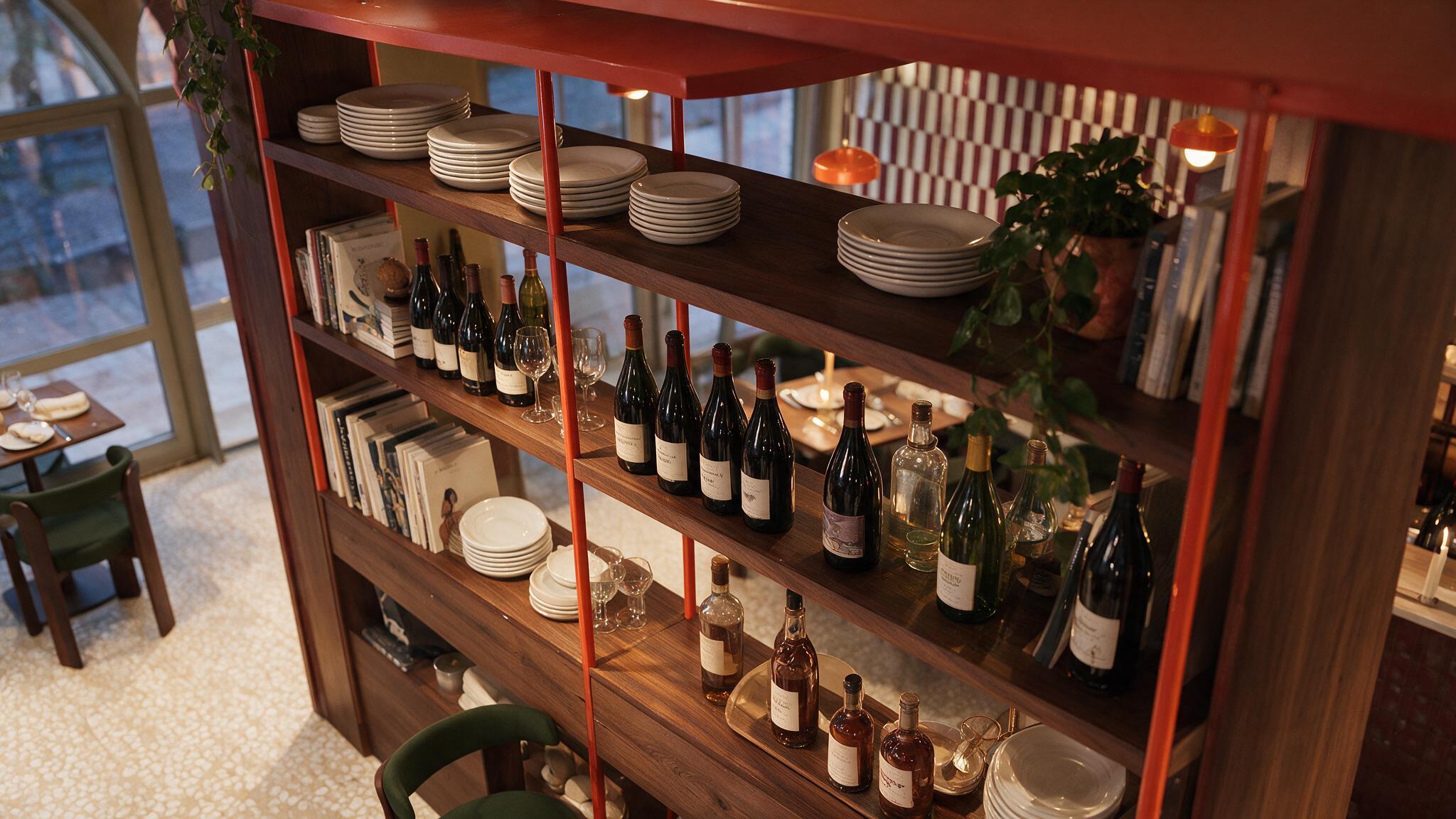 Vue plongeante sur une étagère structure bois et métal orange, vaisselle empilée, bouteilles de vin et livres, salle en contrebas