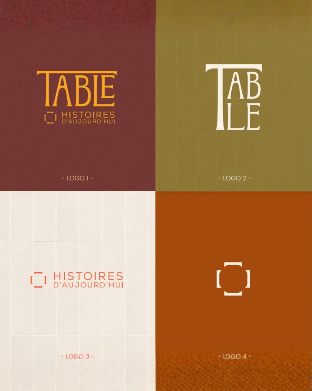 Planche présentant 4 déclinaisons du logo du restaurant Table à Blois sur fonds bordeaux, olive, terrazzo et terracotta