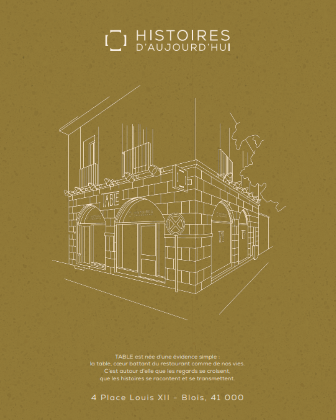 Page de présentation de la marque Table avec dessin d'architecture de la façade, texte de positionnement et adresse à Blois
