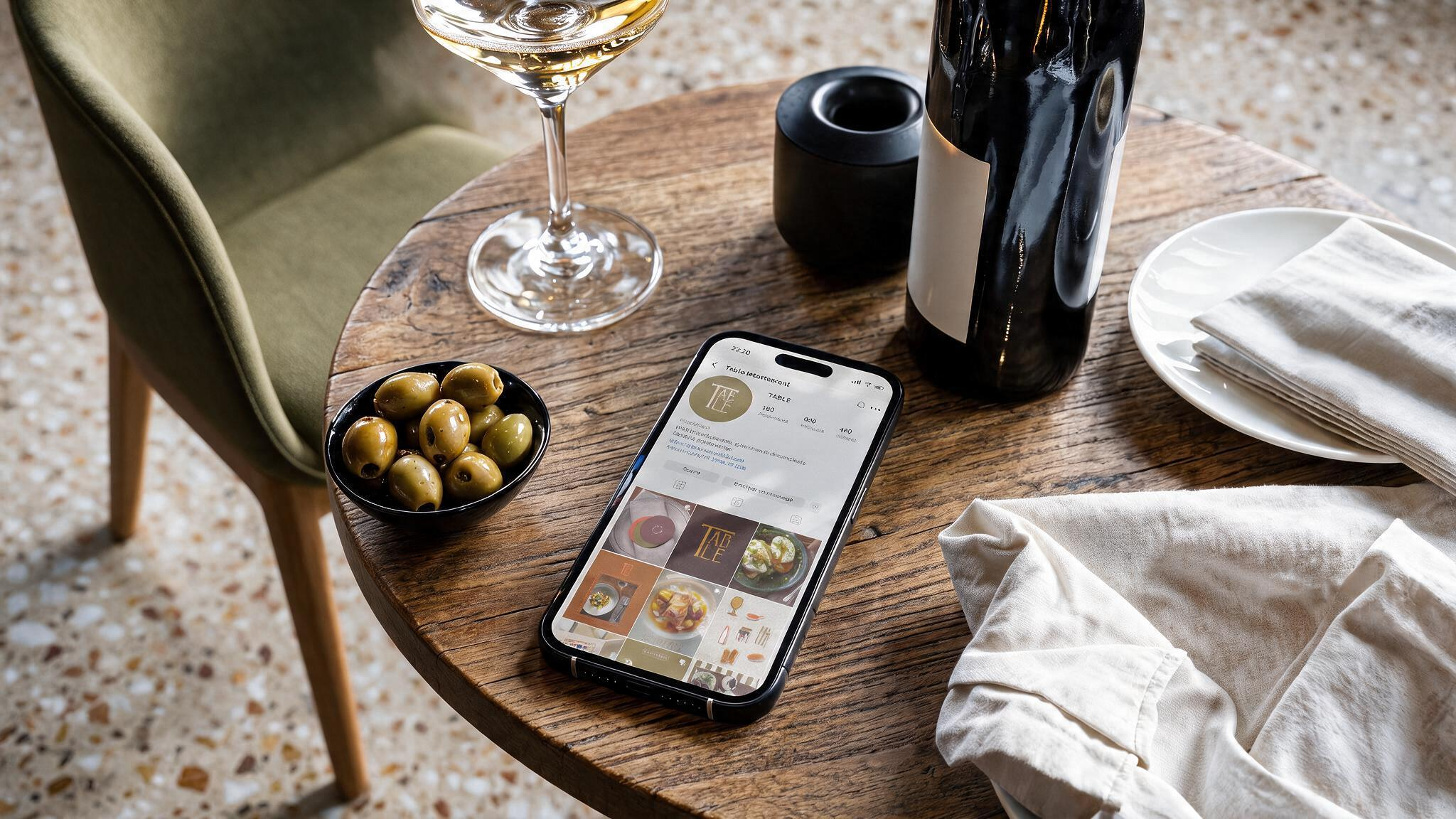Smartphone affichant le profil Instagram du restaurant Table posé sur une table en verre avec verre de vin, olives et bouteille