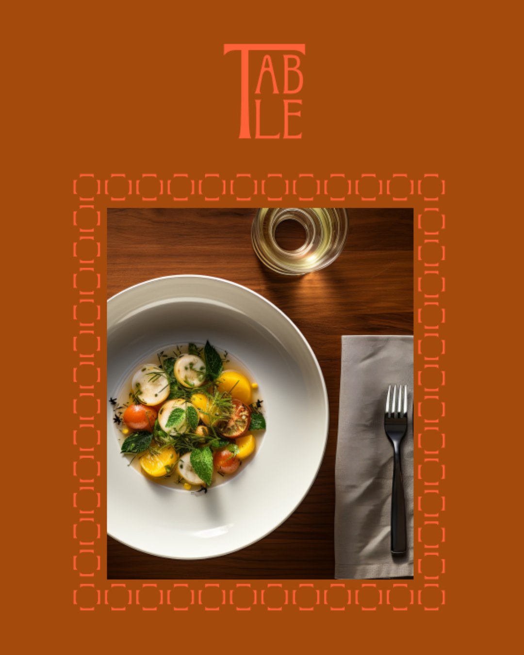 Mockup du logo Table encadré d'un motif signature autour d'une photo d'assiette gastronomique sur fond terracotta