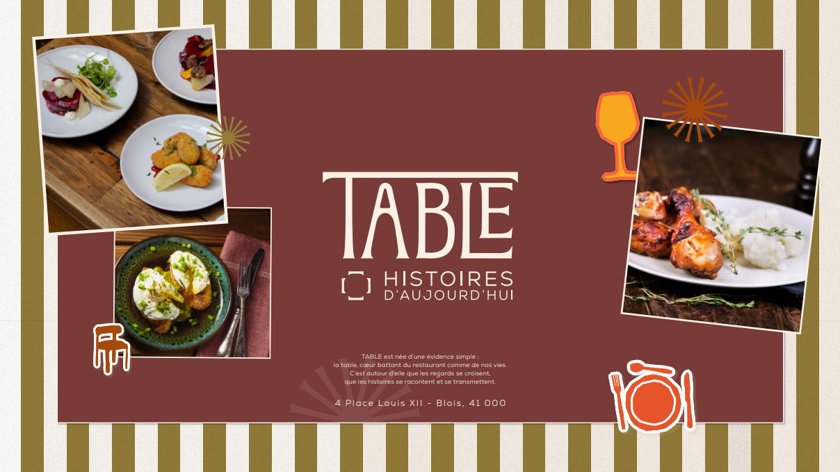Moodboard du restaurant Table sur fond bordeaux réunissant logo, manifeste de marque, photos de plats et pictogrammes, bordure rayée