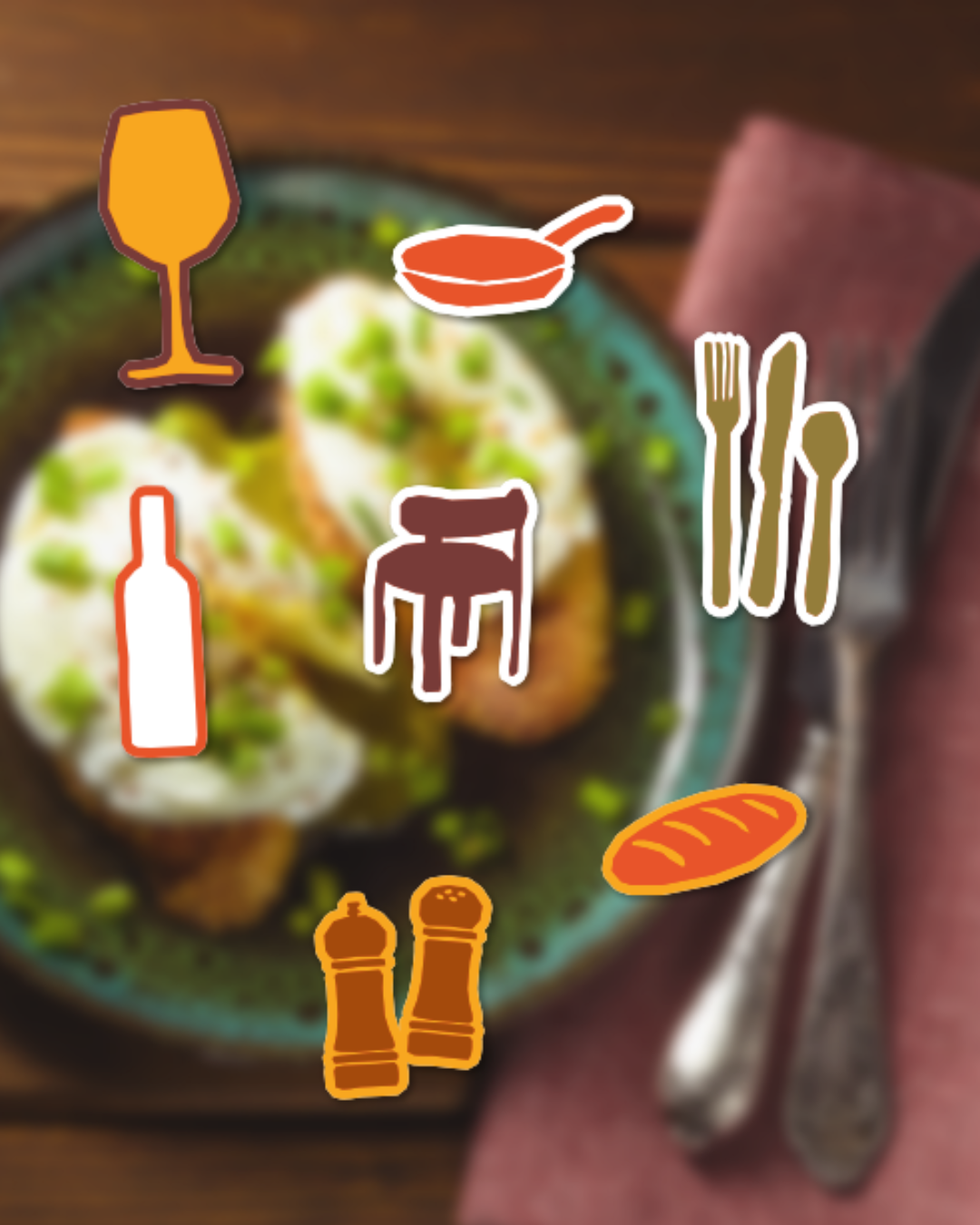 Pictogrammes colorés (verre à vin, poêle, chaise, couverts) superposés à une photo de plat flouté du restaurant Table