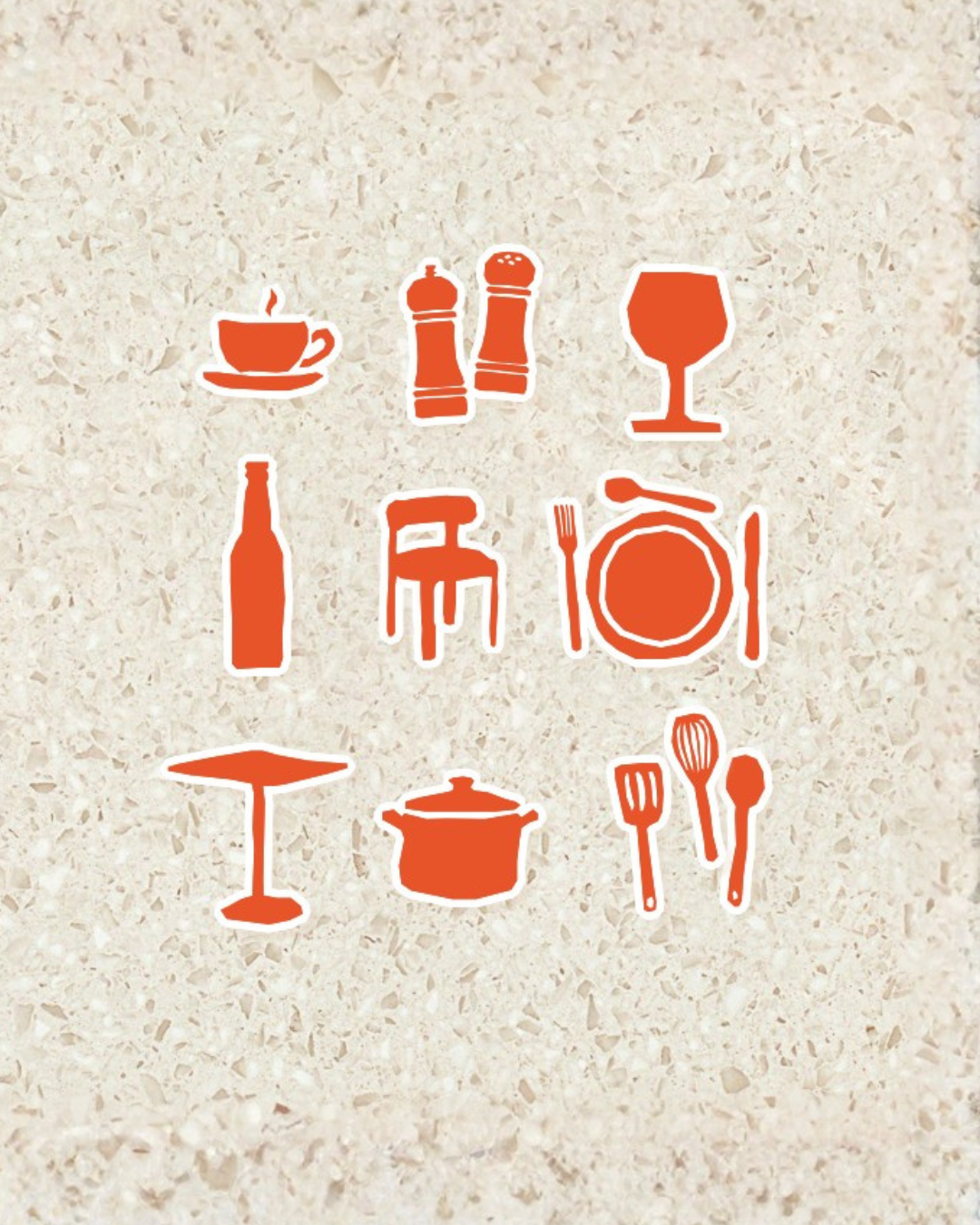 Pictogrammes orange dessinant des éléments de restauration (verre, chaise, assiette, casserole) sur fond terrazzo pour l'identité du restaurant Table
