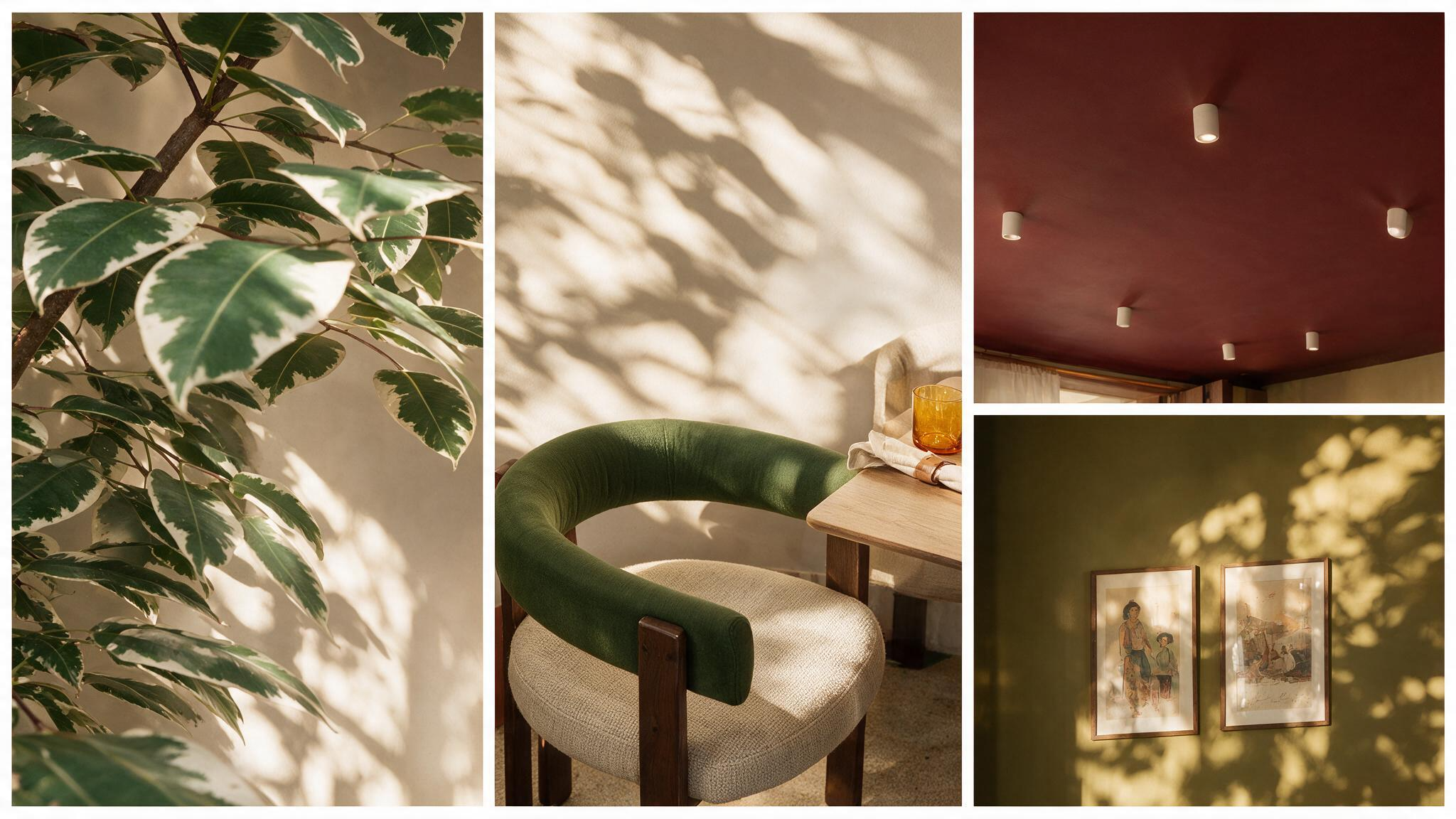 Planche de quatre détails du restaurant Table : feuillage de ficus, fauteuil vert en velours, plafond bordeaux et cadres muraux sur mur olive