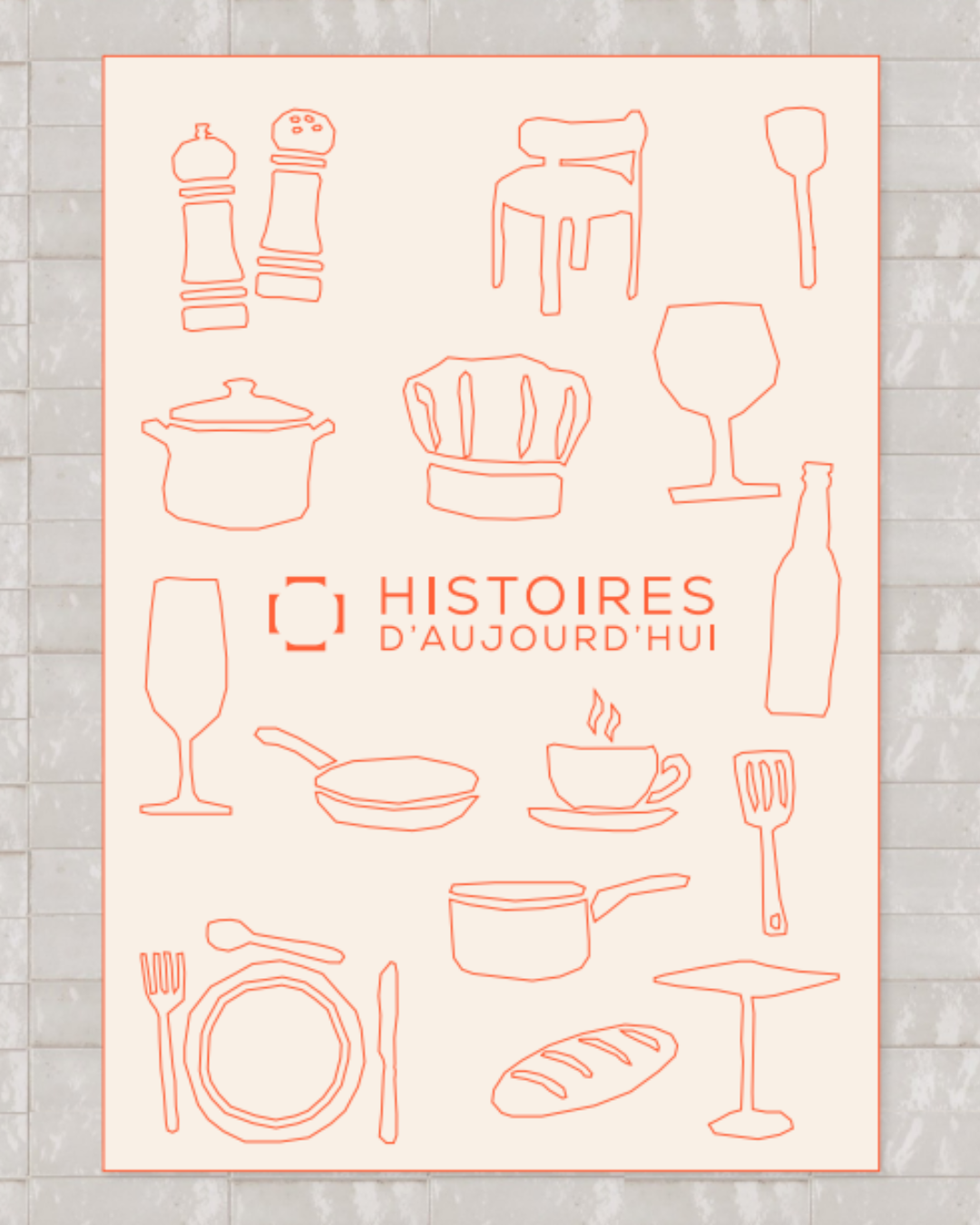 Planche complète des pictogrammes en lignes orange (toque, casserole, verre, couverts) avec logo Histoires d'aujourd'hui sur fond carrelage