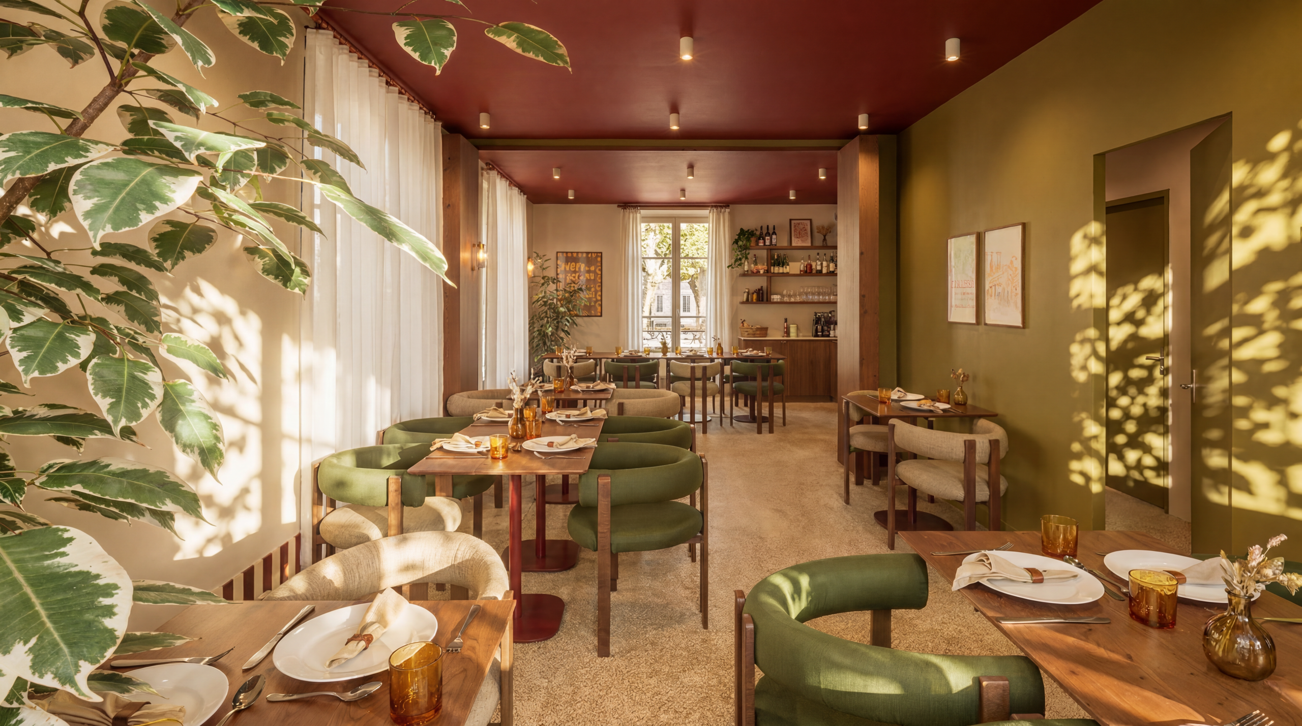 Salle du restaurant Table encadrée d'un ficus, chaises vert olive rondes et voilages devant fenêtre sur cour
