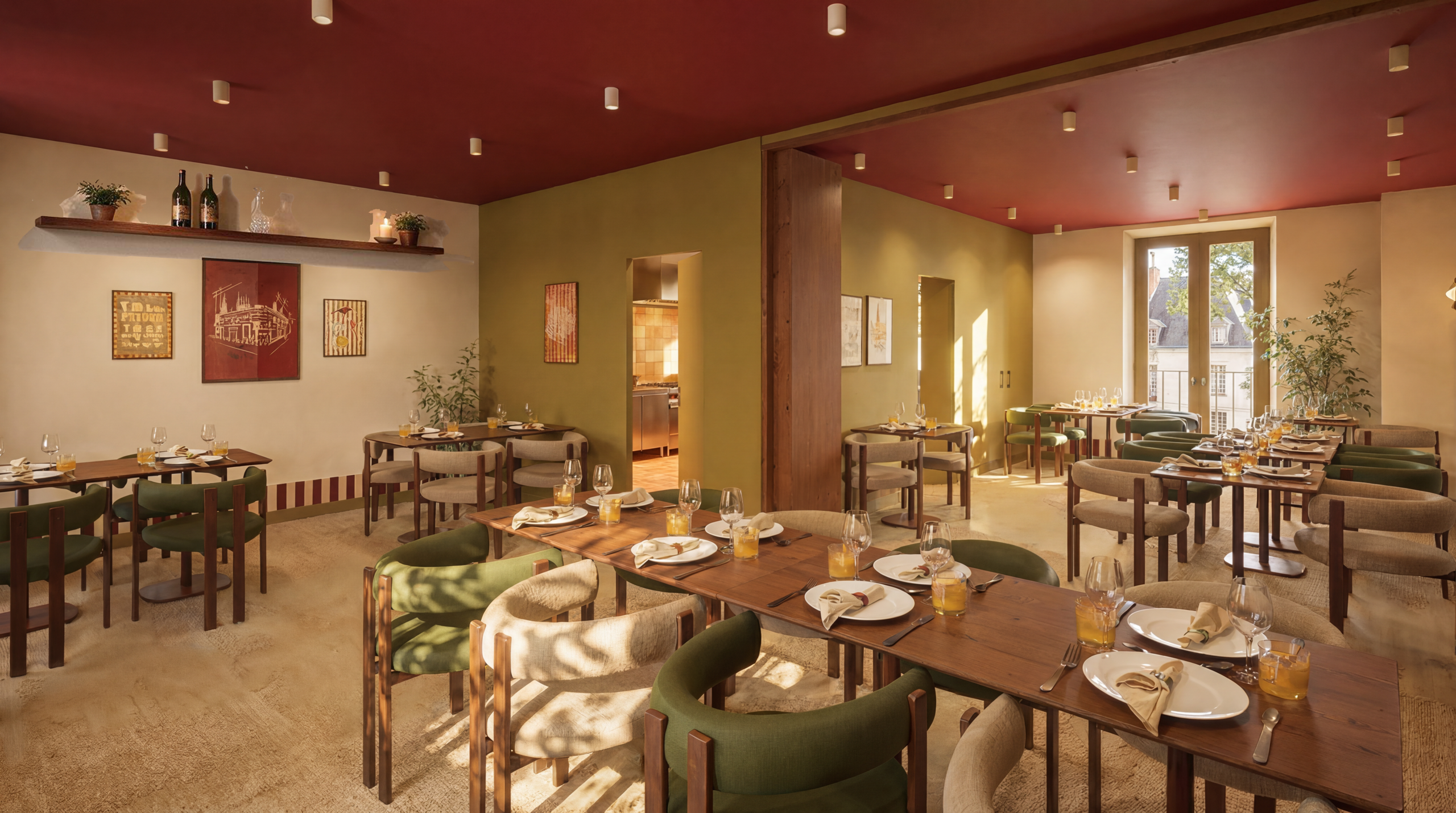 Vue d'ensemble de la salle à l'étage du restaurant Table, chaises vertes et écrues, plafond bordeaux et accès cuisine visible