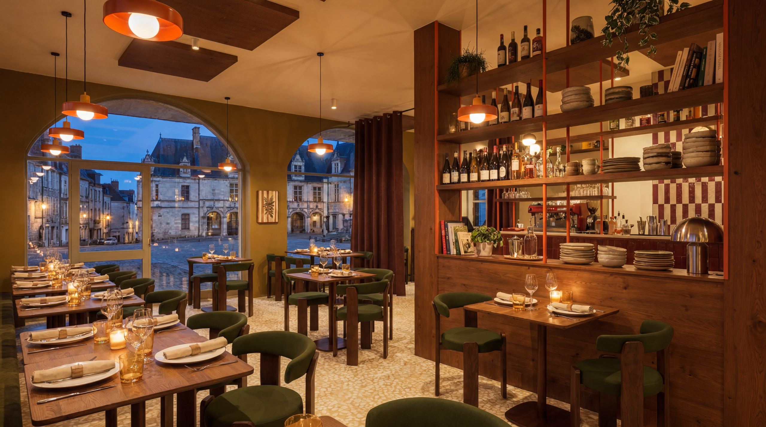 Salle du restaurant Table à Blois en soirée avec vue sur la place et le château illuminés à travers les arcades