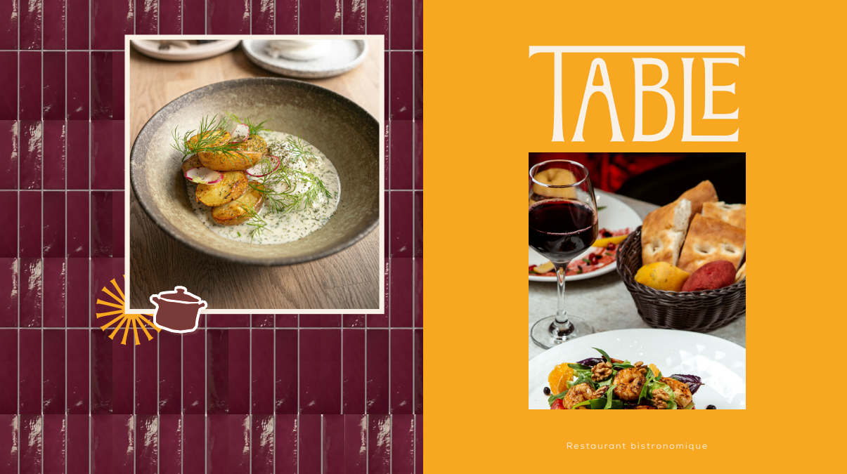 Composition diptyque avec plat de pommes de terre sur carrelage bordeaux et logo Table sur fond orange avec photos culinaires