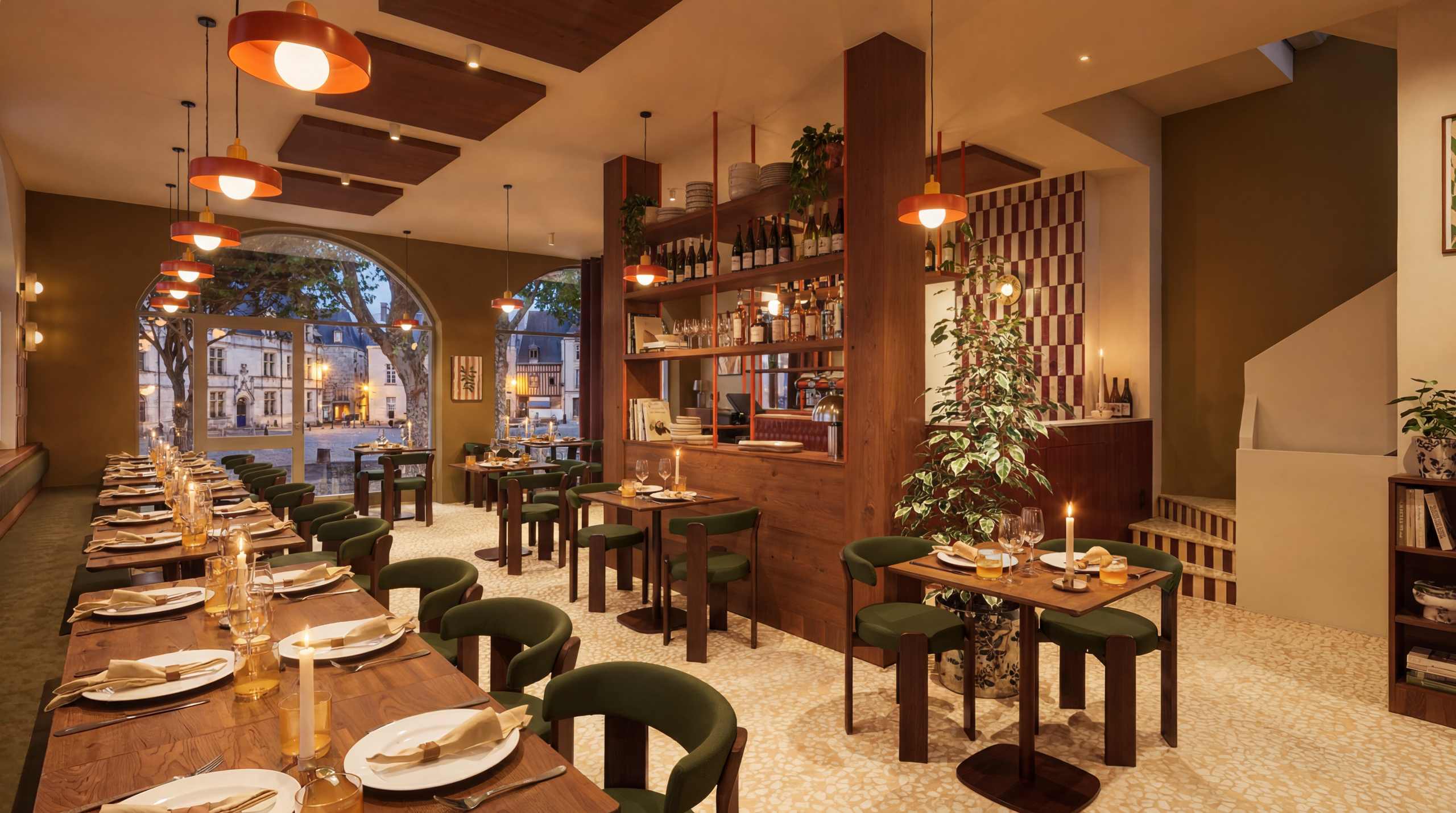 Grande tablée dressée aux chandelles avec chaises vertes, ambiance chaleureuse du restaurant Table à Blois en soirée