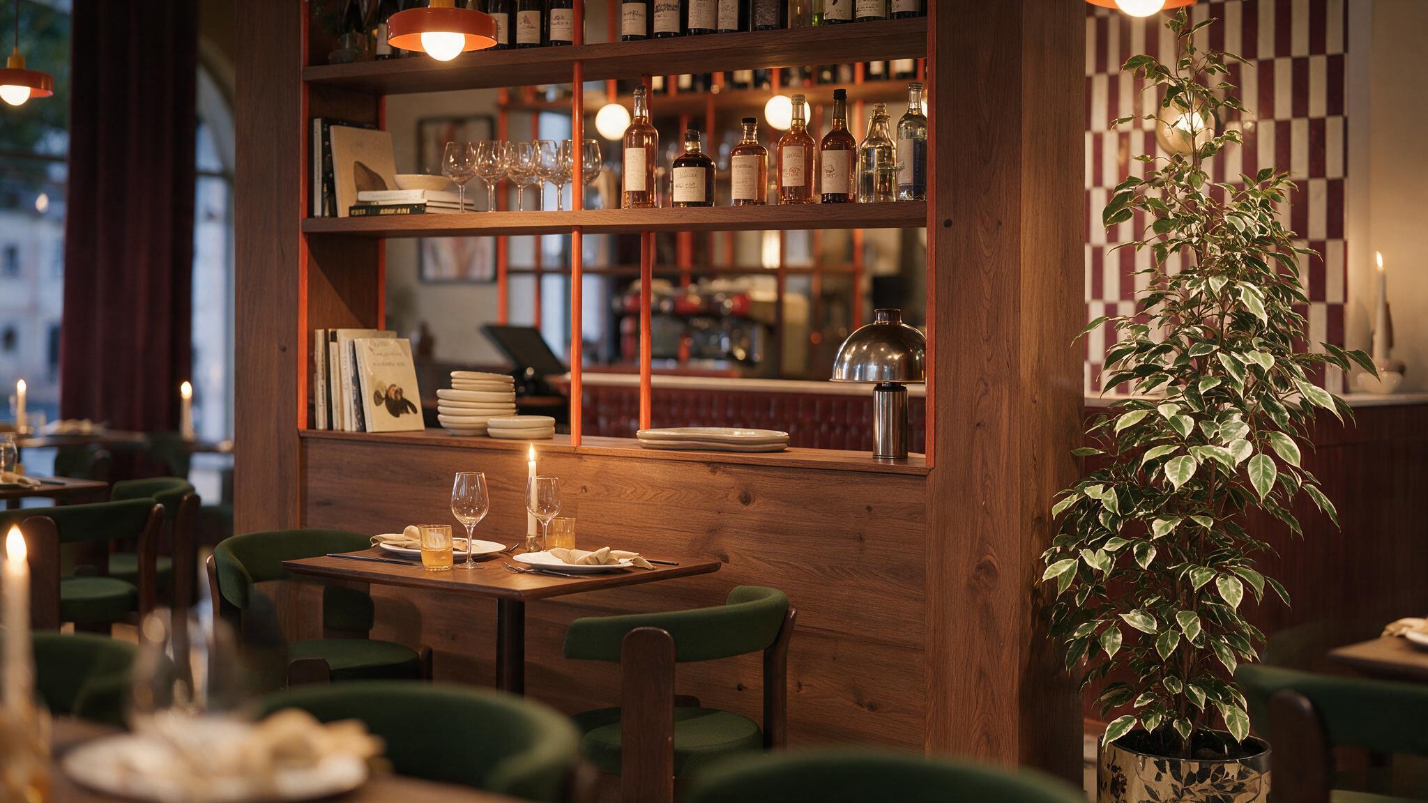 Petite table dressée à la bougie devant une étagère de bouteilles et vaisselle, chaises vertes et ficus au restaurant Table