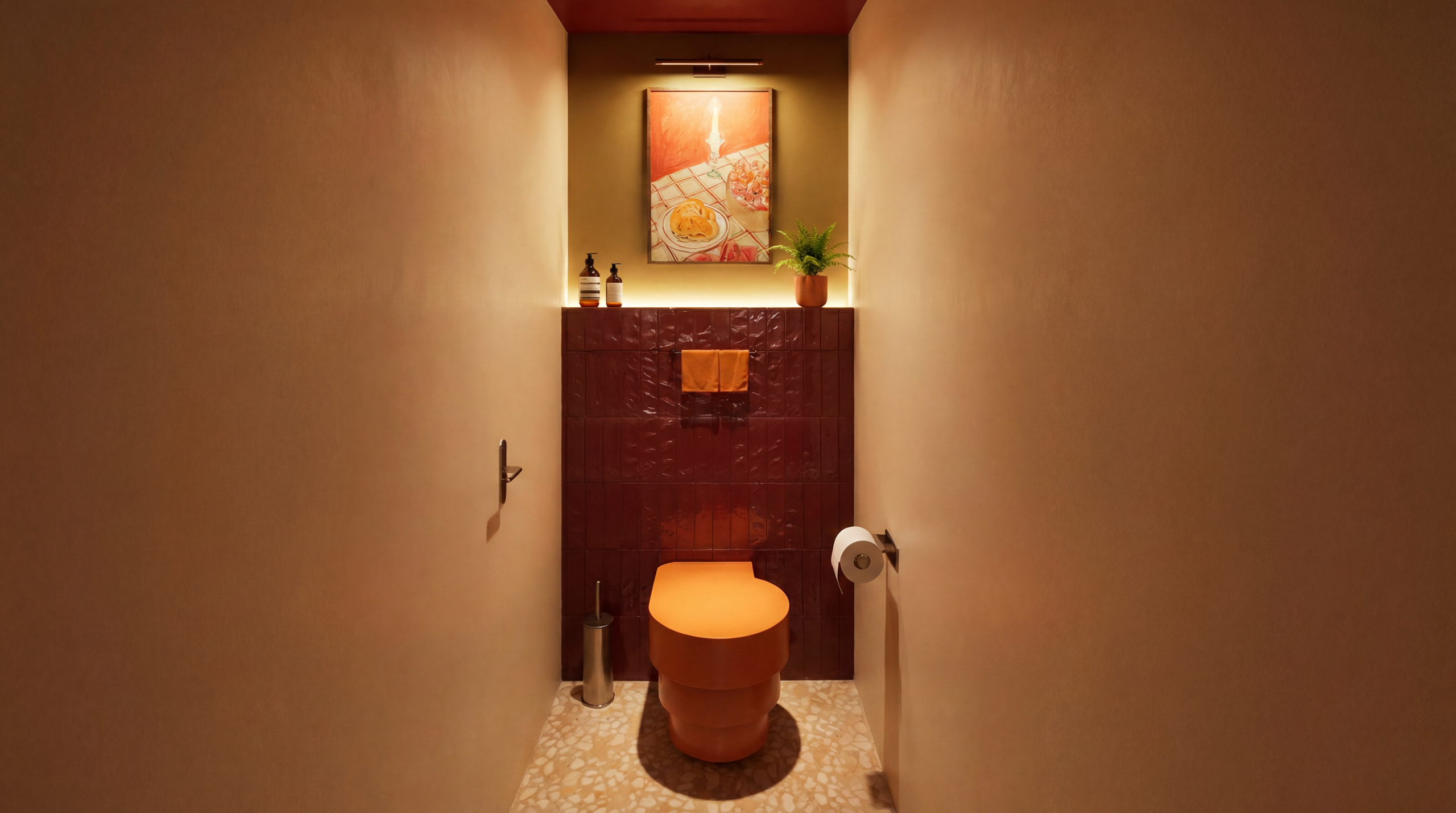 Cuvette de toilette orange sculpturale sous une œuvre murale figurative, niche zellige rouge du restaurant Table à Blois