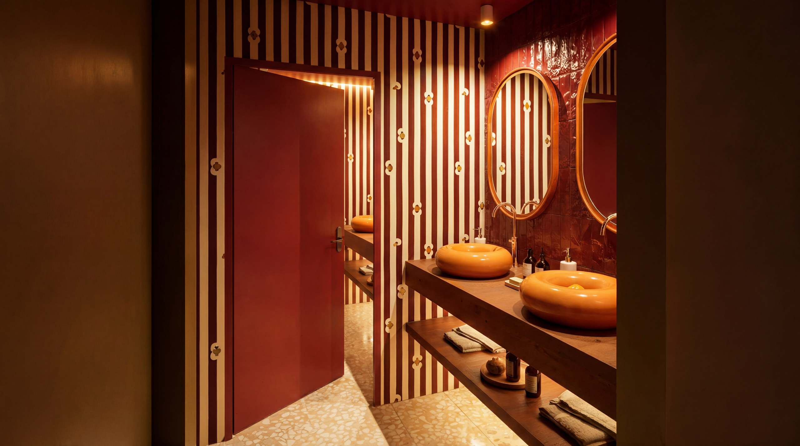 Double vasque orange en forme de galet sur plan bois, mur rayé bordeaux à motifs et zellige rouge dans les toilettes du restaurant Table