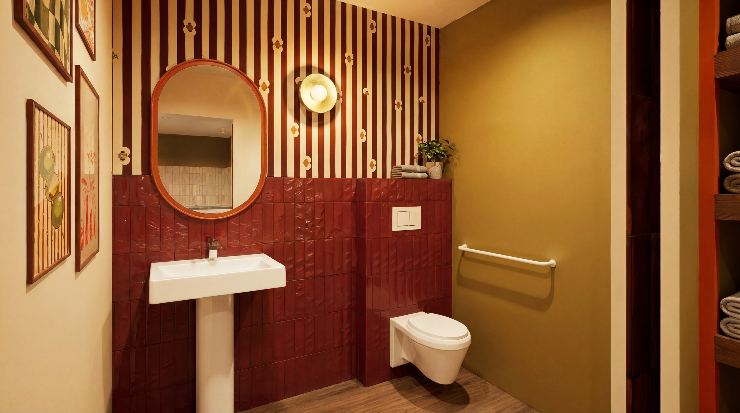Toilettes accessibles du restaurant Table avec vasque sur pied, miroir ovale et barre d'appui sur mur zellige rouge